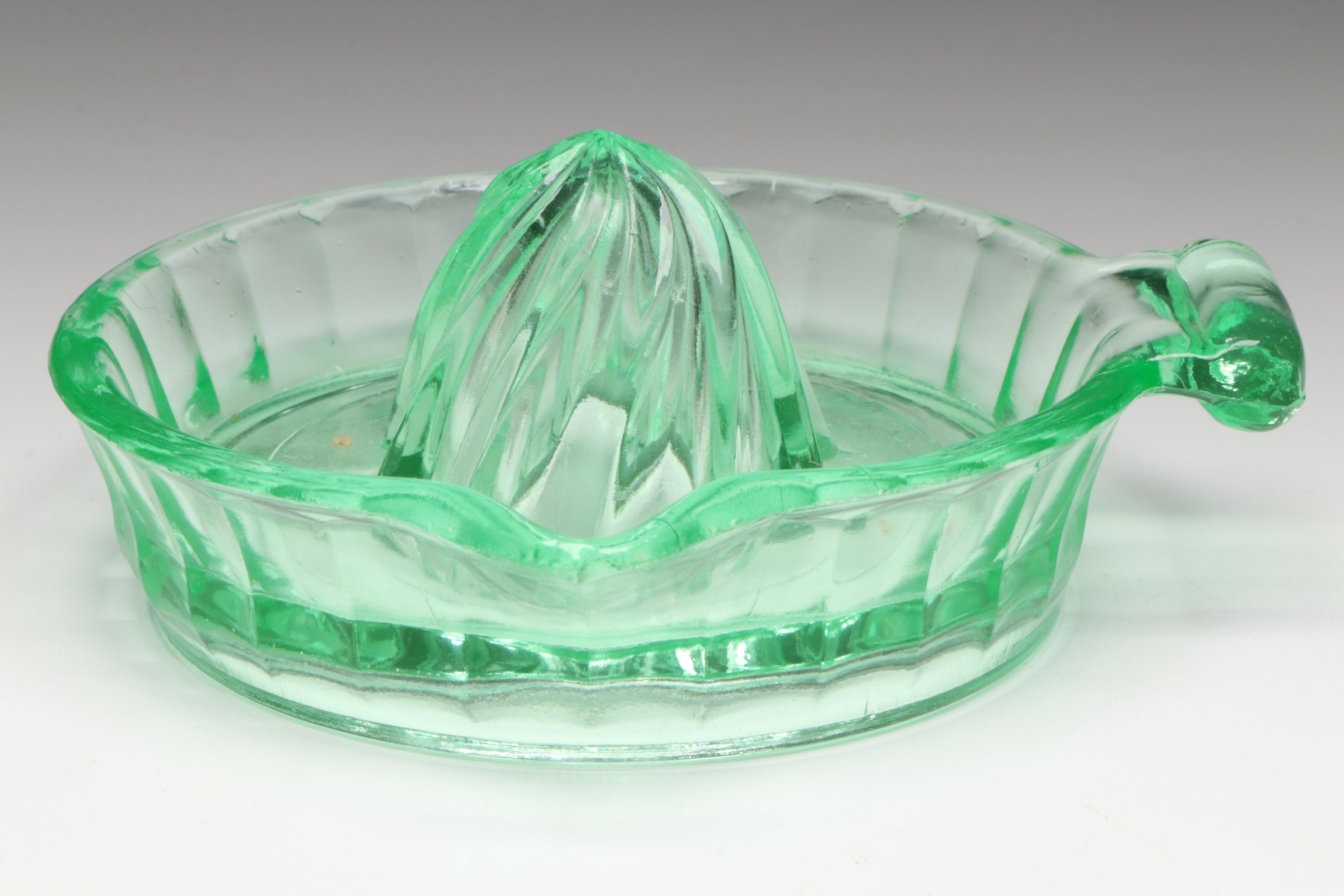 Art Deco Style Vaseline and Clear Glass Juicers and Tableware