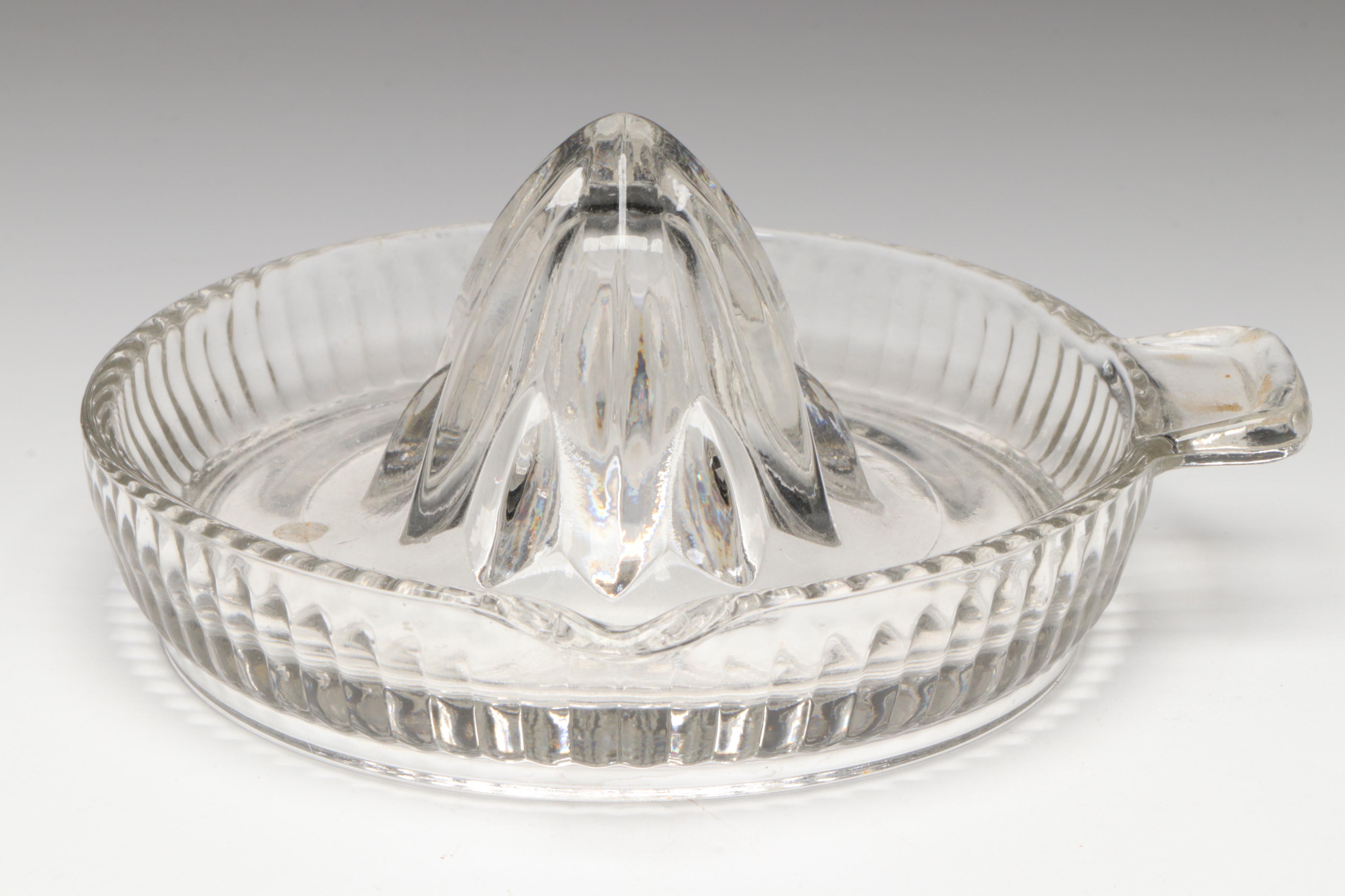 Art Deco Style Vaseline and Clear Glass Juicers and Tableware