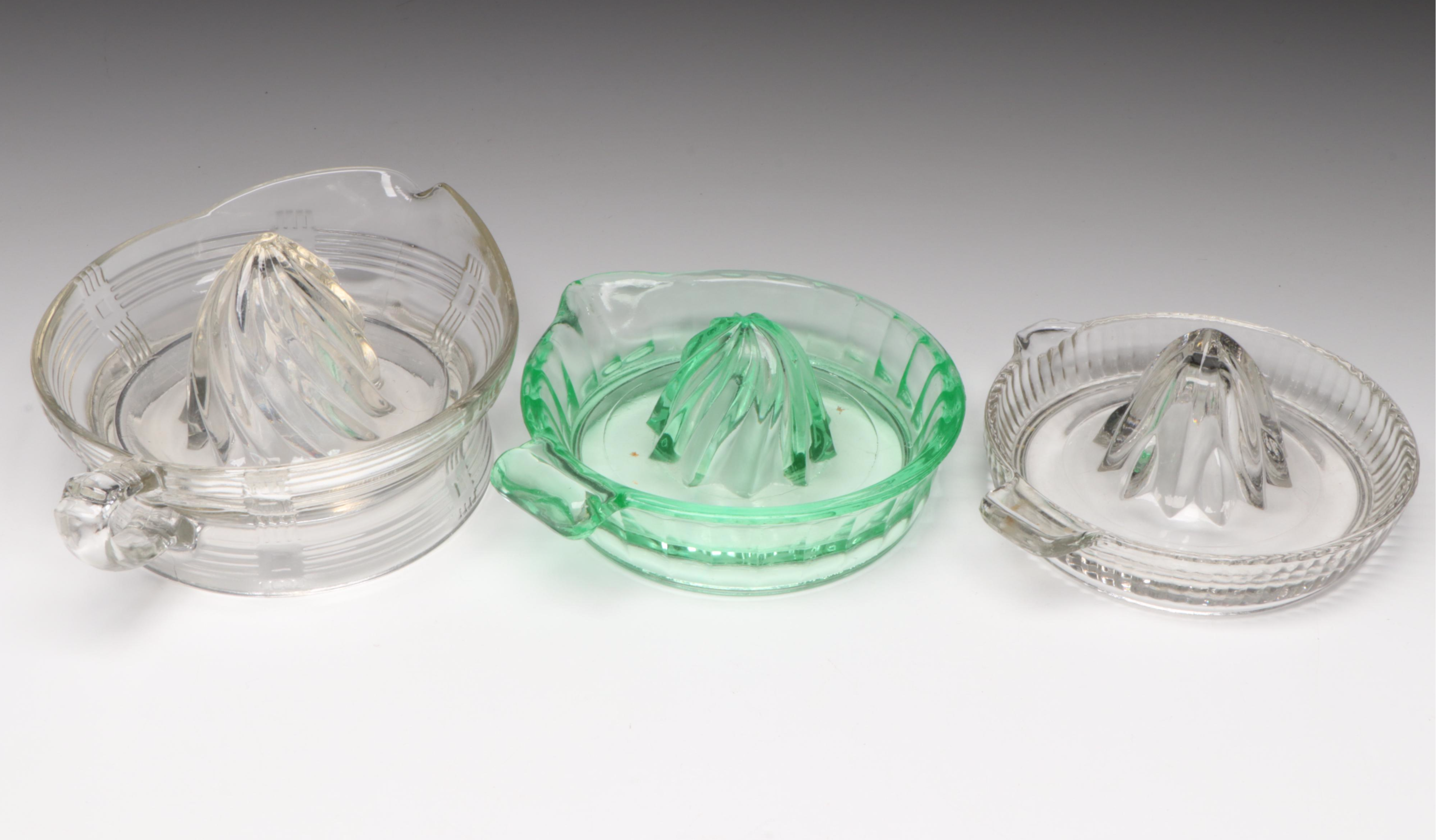 Art Deco Style Vaseline and Clear Glass Juicers and Tableware