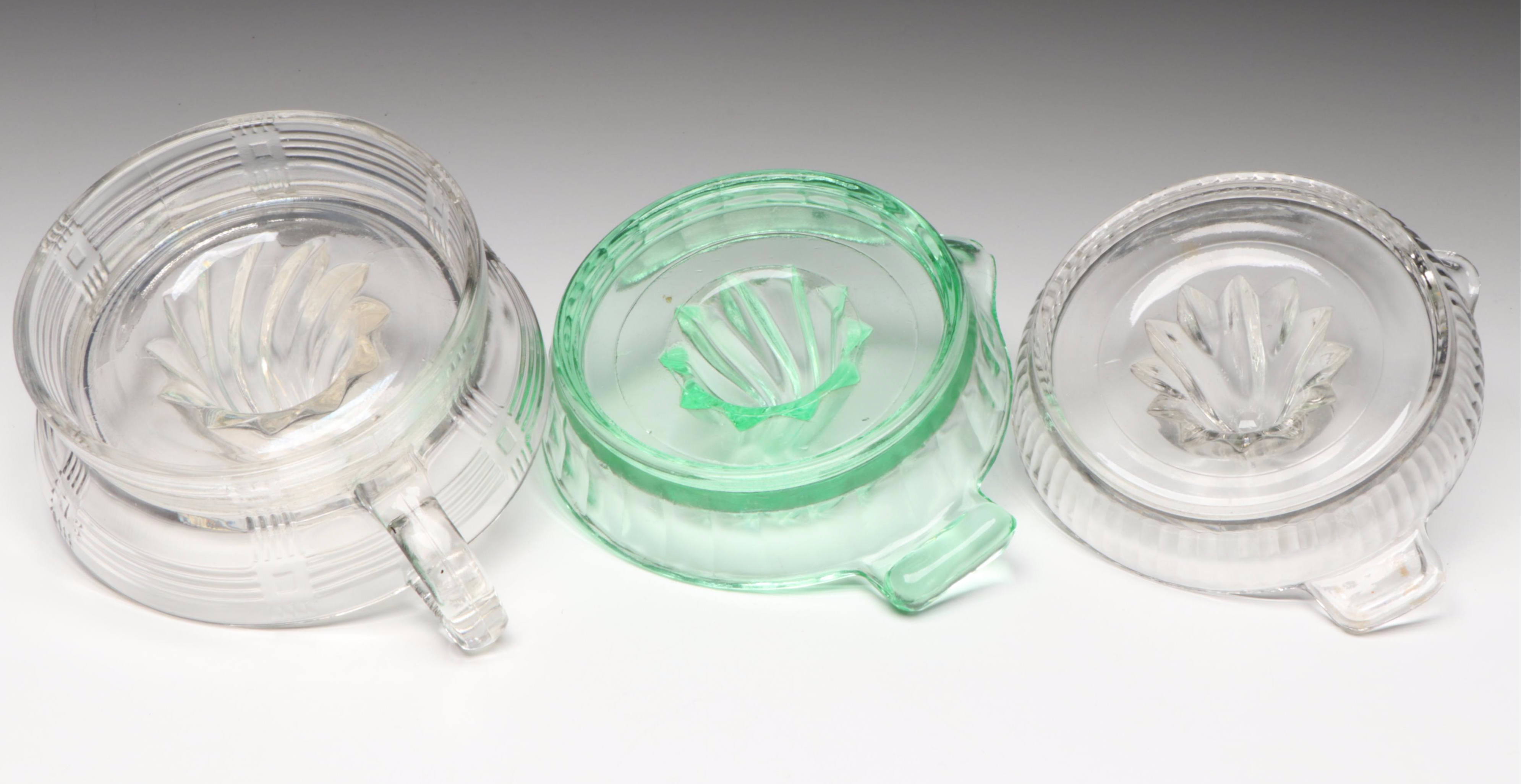 Art Deco Style Vaseline and Clear Glass Juicers and Tableware