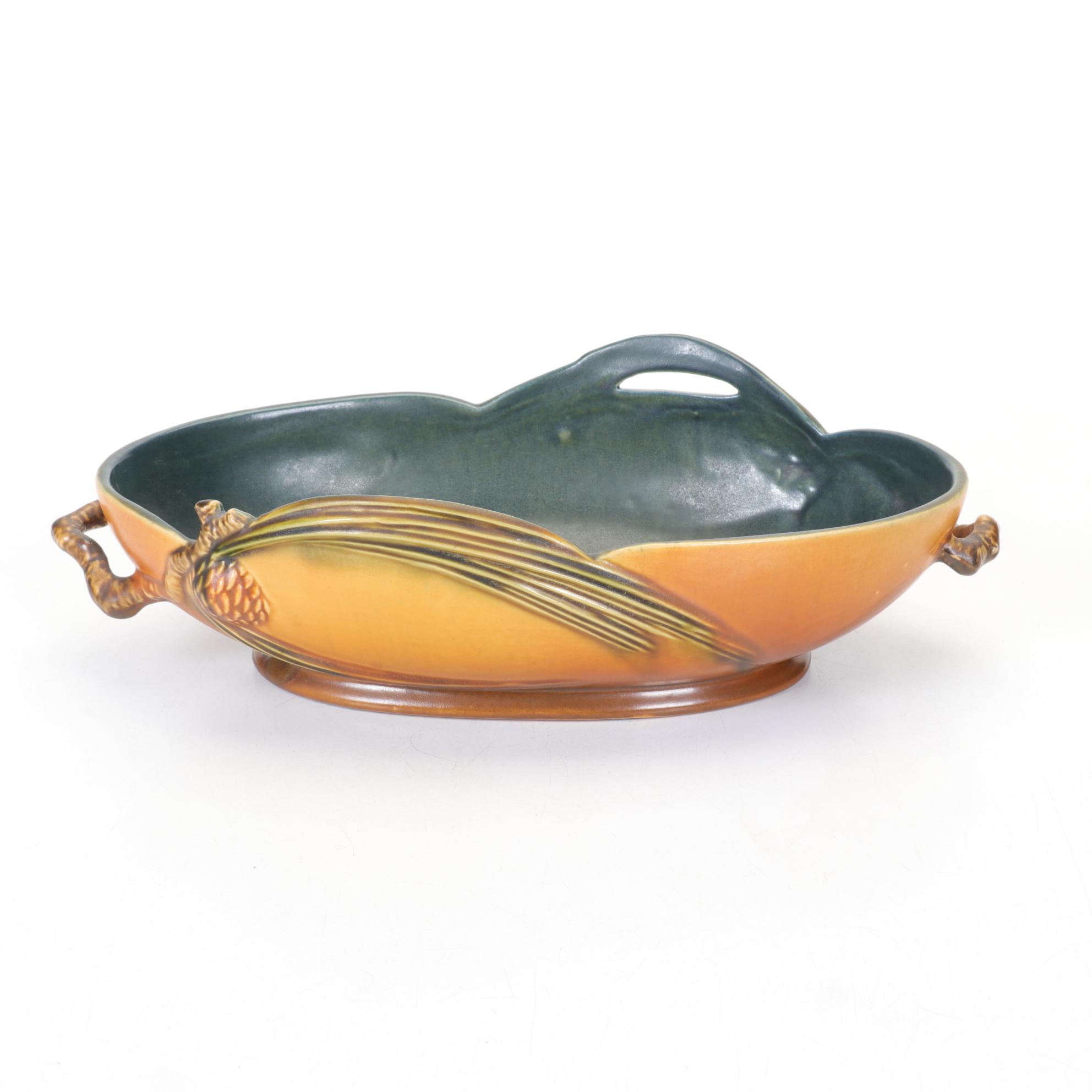 Roseville Pottery "Pinecone" Brown 12" Console Bowl With Pine Green Interior