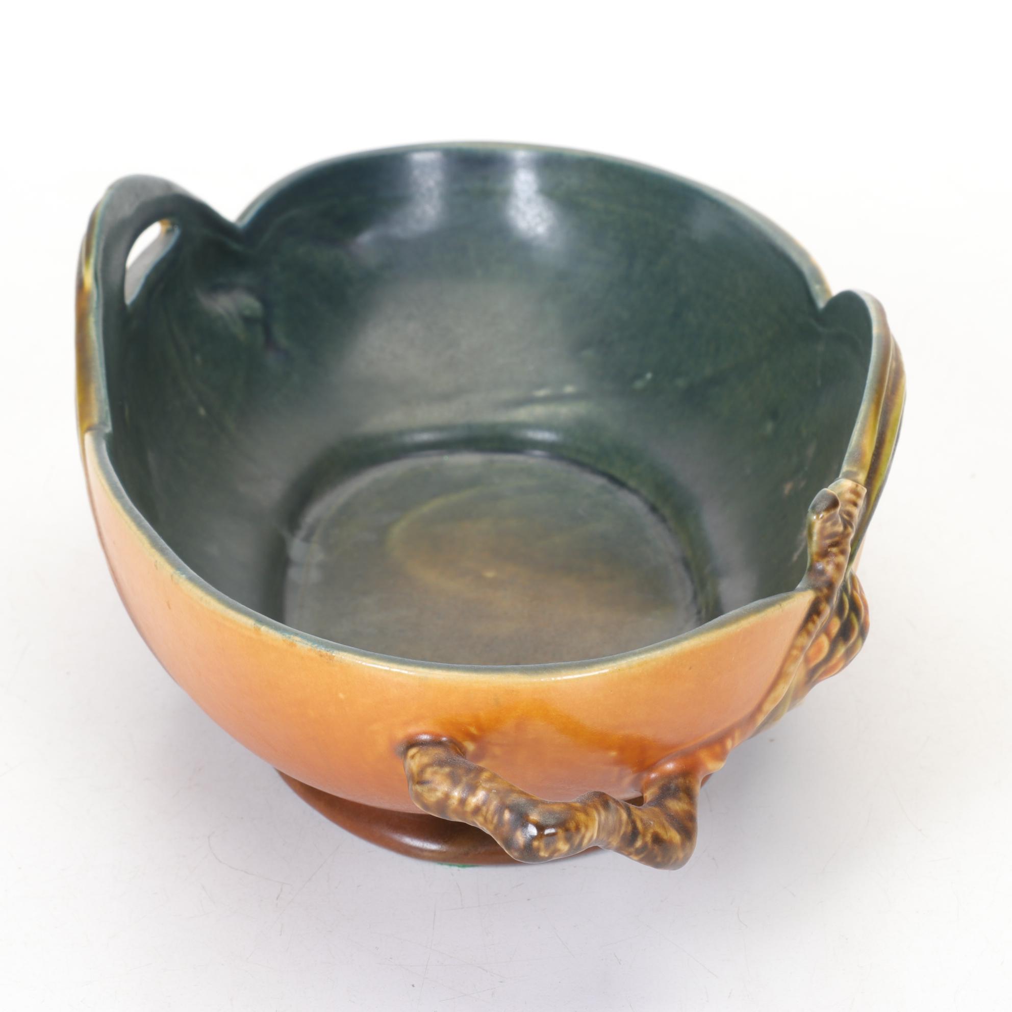 Roseville Pottery "Pinecone" Brown 12" Console Bowl With Pine Green Interior