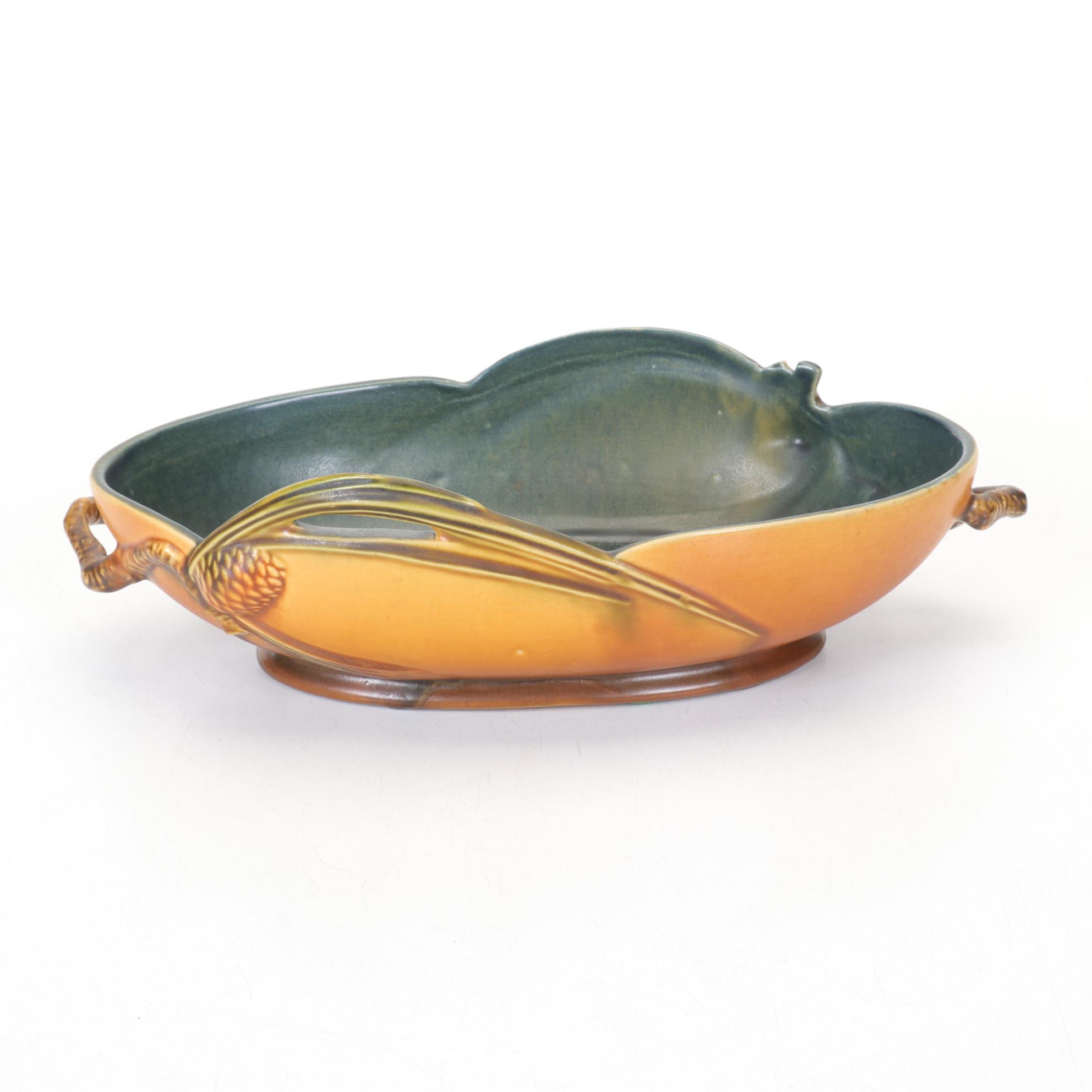 Roseville Pottery "Pinecone" Brown 12" Console Bowl With Pine Green Interior