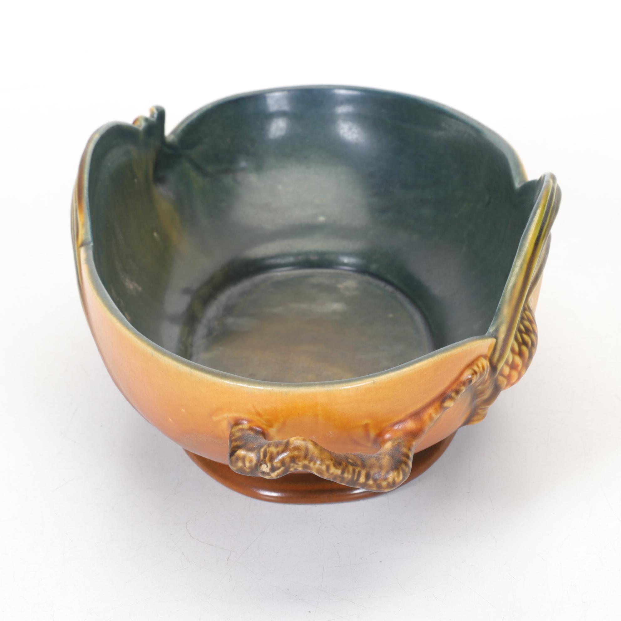 Roseville Pottery "Pinecone" Brown 12" Console Bowl With Pine Green Interior