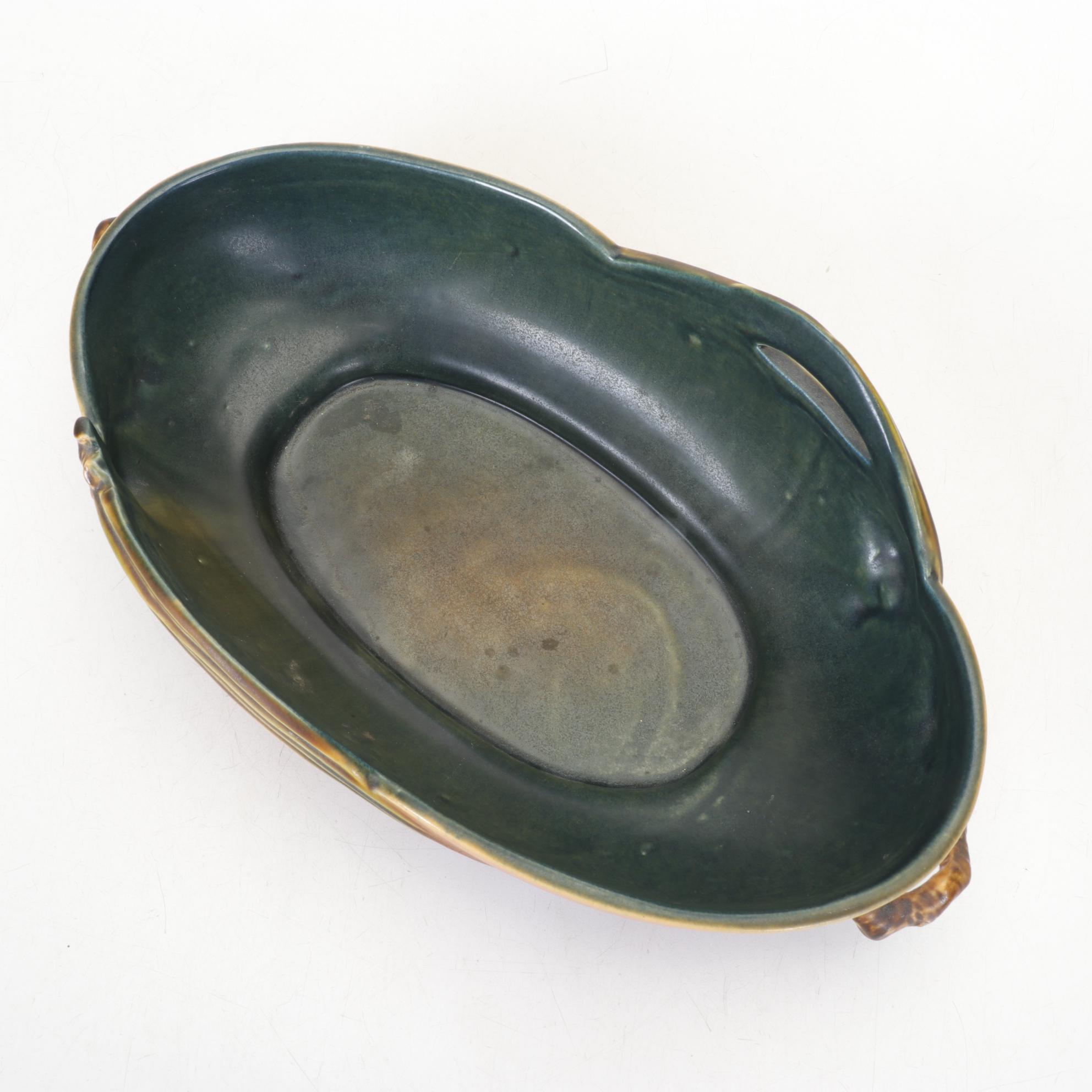 Roseville Pottery "Pinecone" Brown 12" Console Bowl With Pine Green Interior