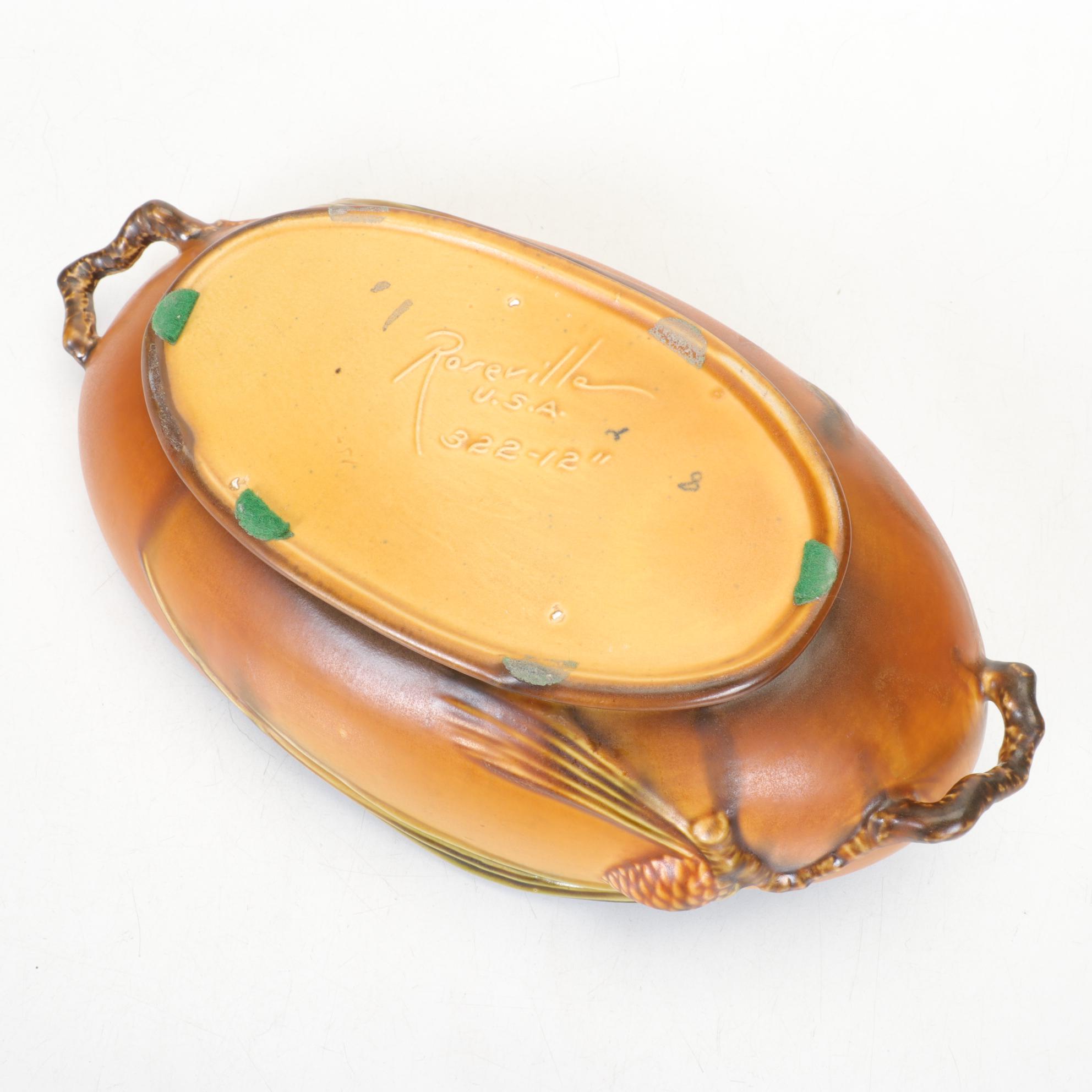 Roseville Pottery "Pinecone" Brown 12" Console Bowl With Pine Green Interior