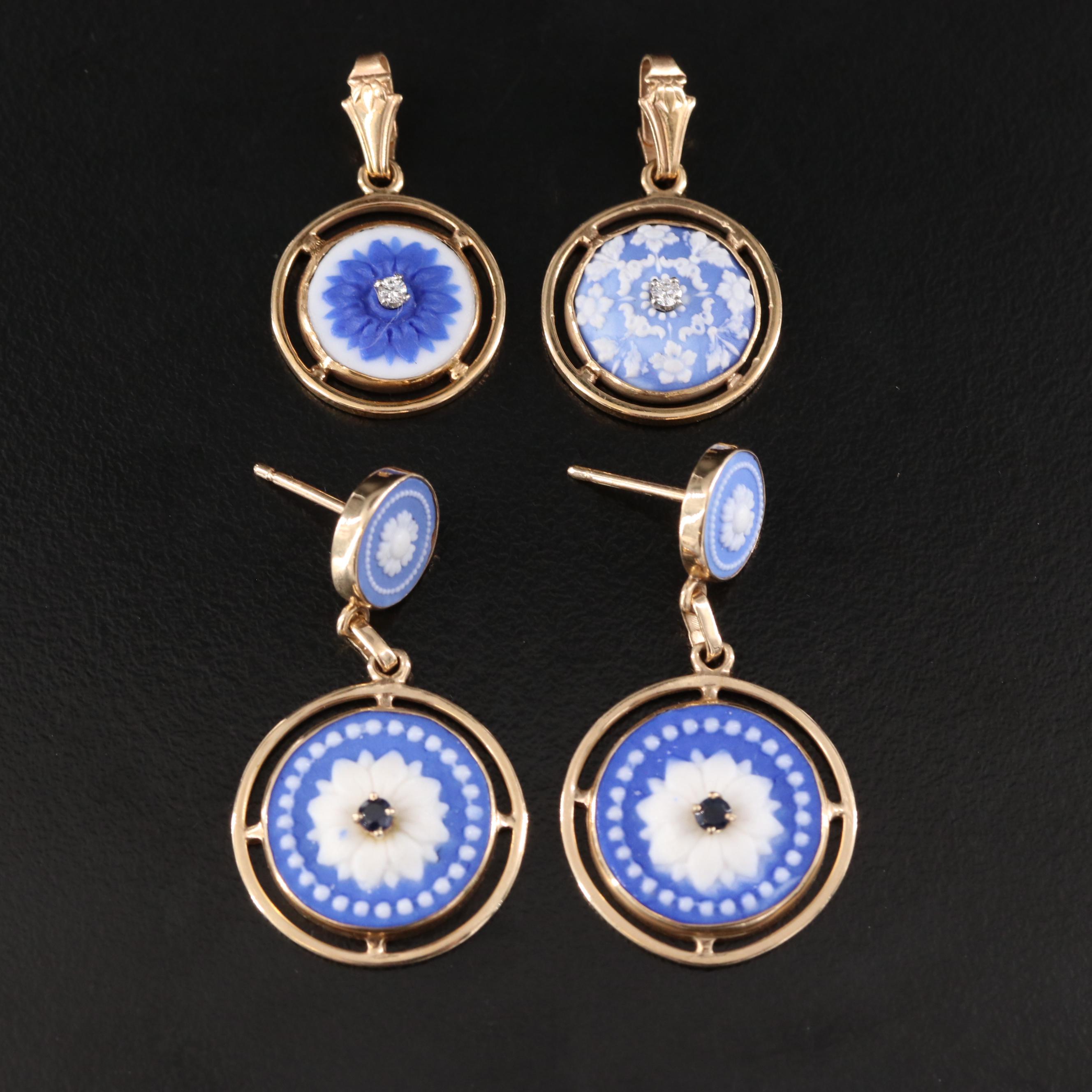 14K Floral Jasperware Pendants and Earrings with Sapphires and Diamonds