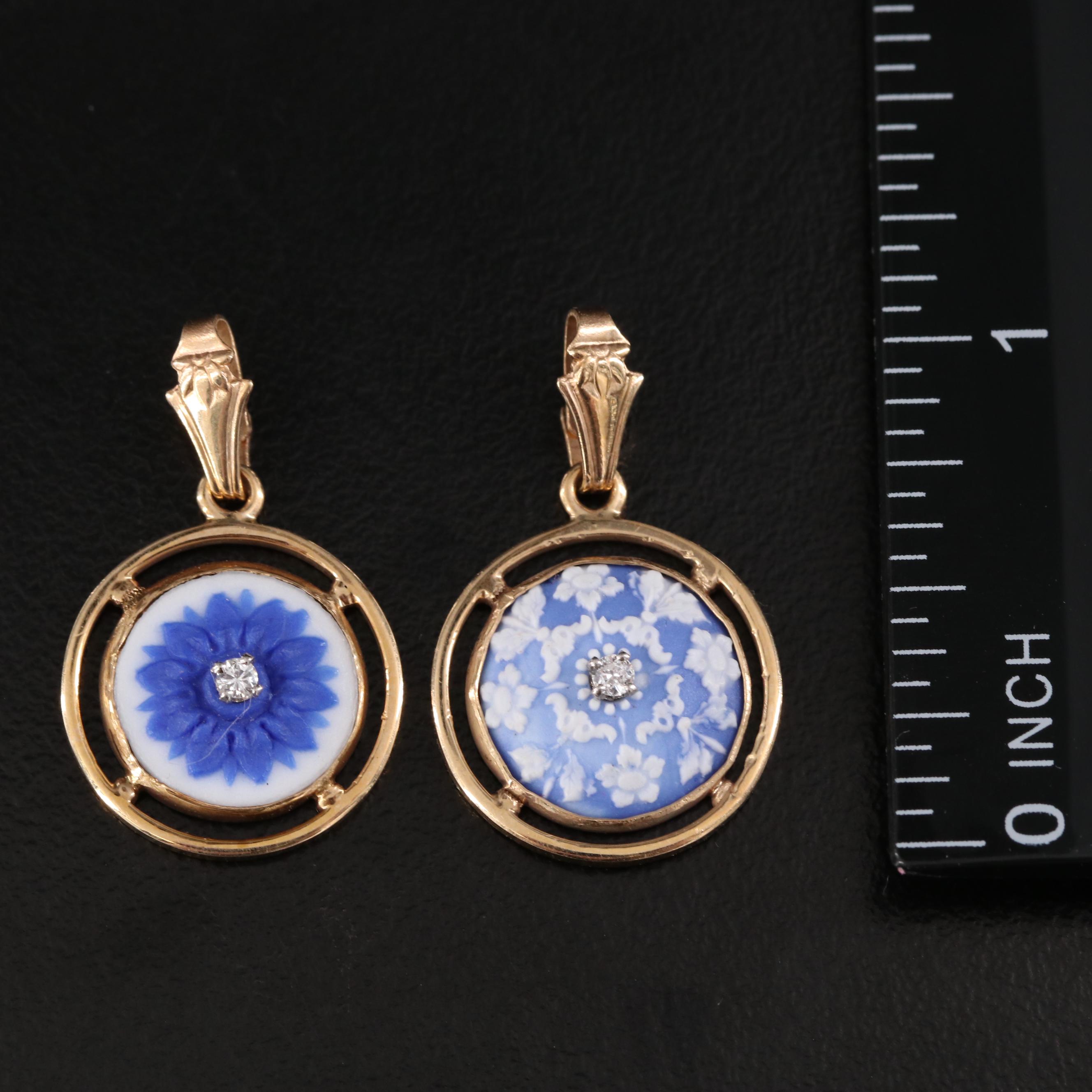 14K Floral Jasperware Pendants and Earrings with Sapphires and Diamonds