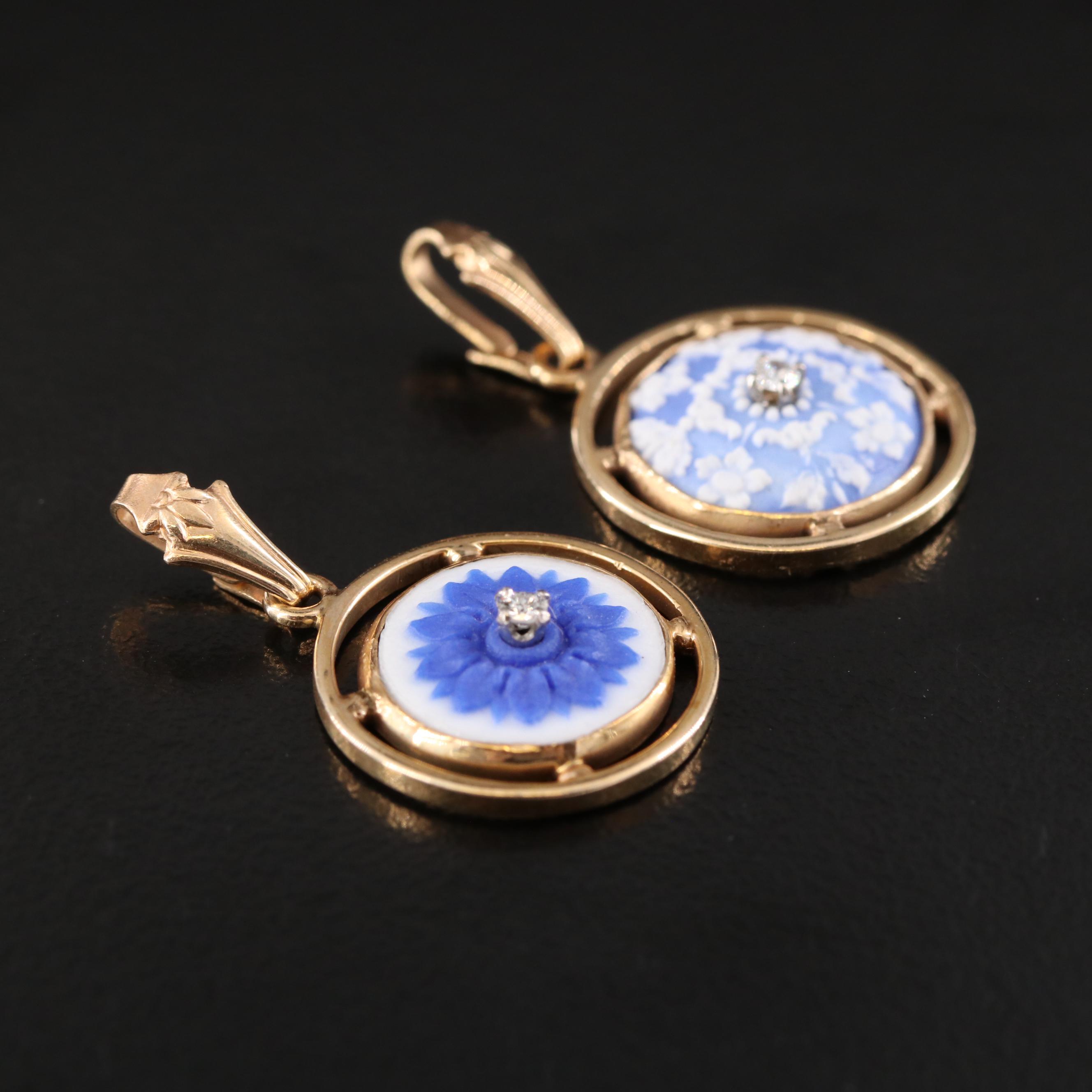 14K Floral Jasperware Pendants and Earrings with Sapphires and Diamonds