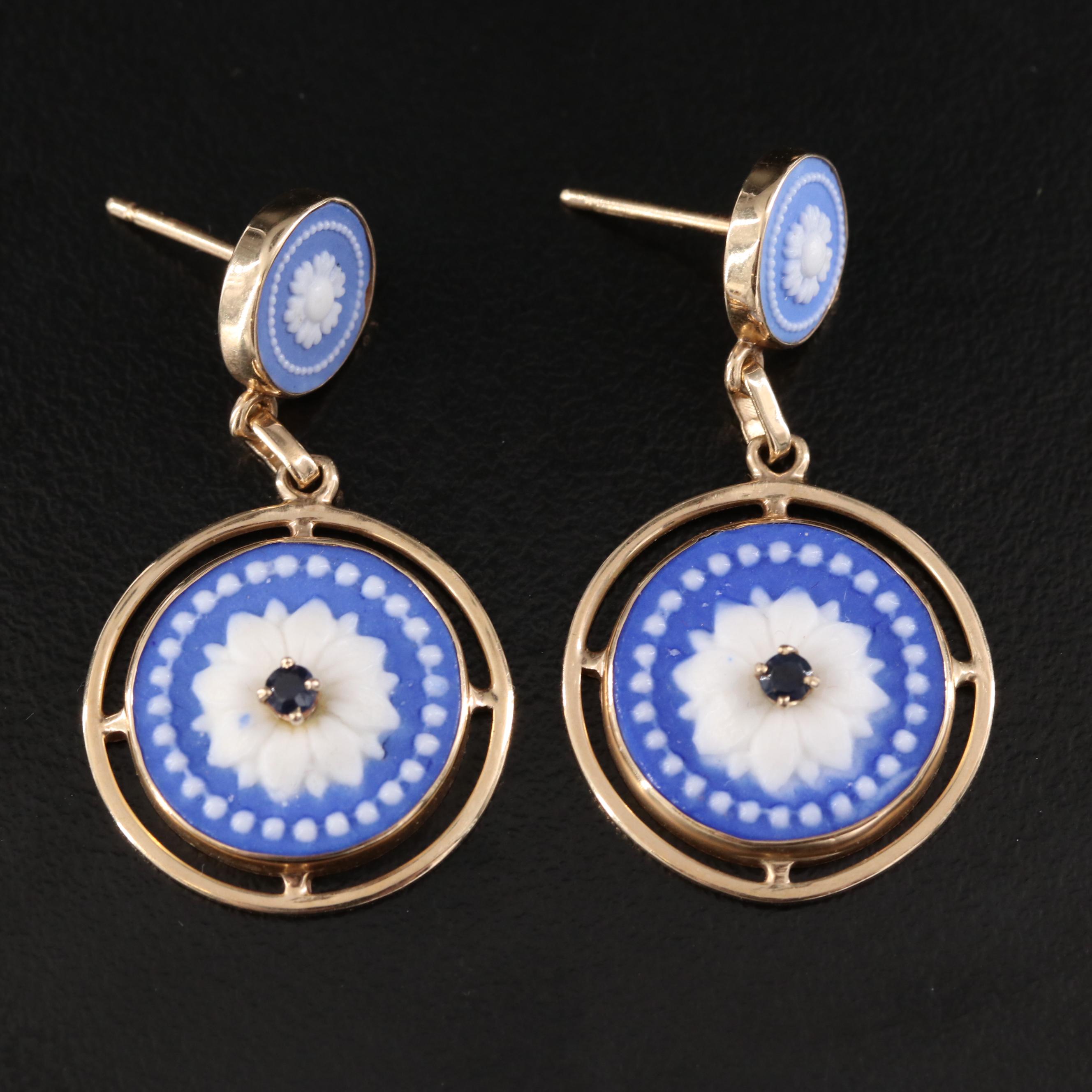14K Floral Jasperware Pendants and Earrings with Sapphires and Diamonds