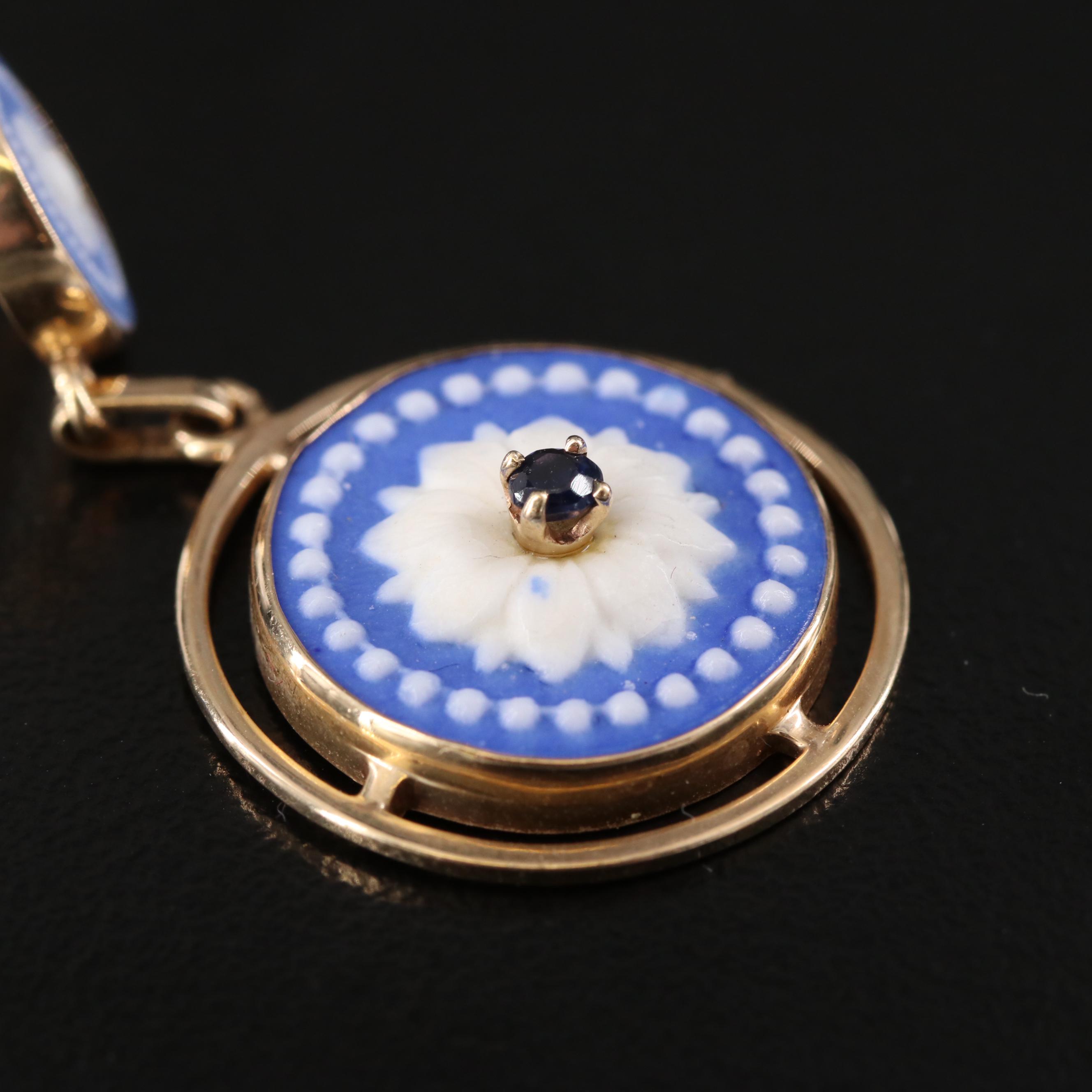 14K Floral Jasperware Pendants and Earrings with Sapphires and Diamonds