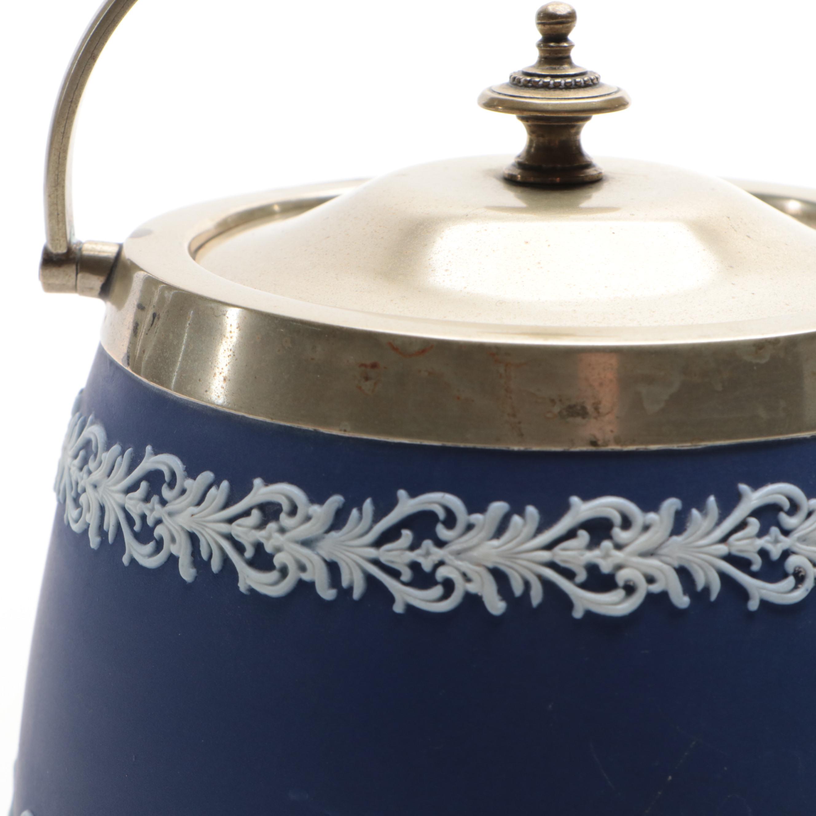 Brownhill Pottery Co. Blue Slip Glazed and Spring Decorated Biscuit Barrel