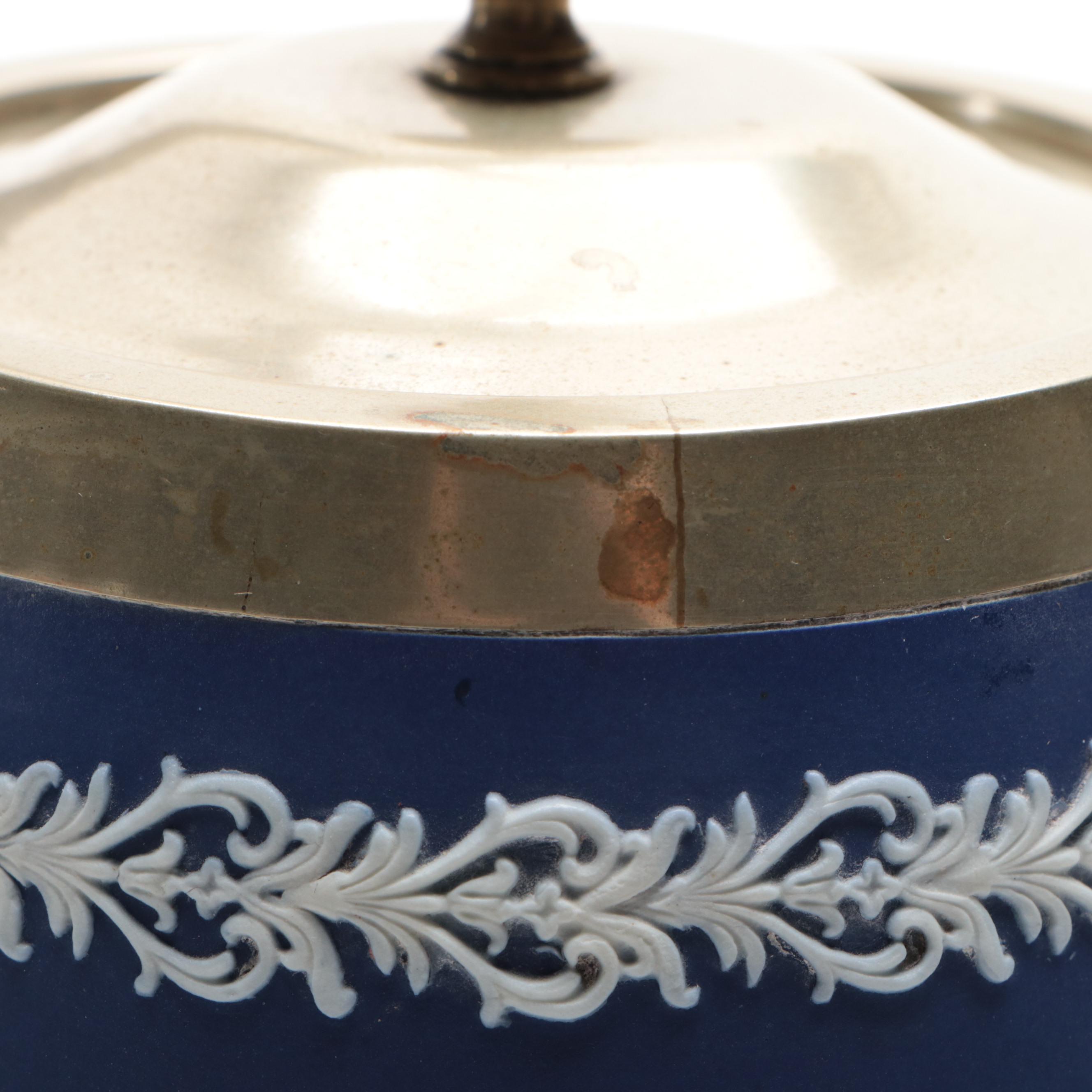 Brownhill Pottery Co. Blue Slip Glazed and Spring Decorated Biscuit Barrel