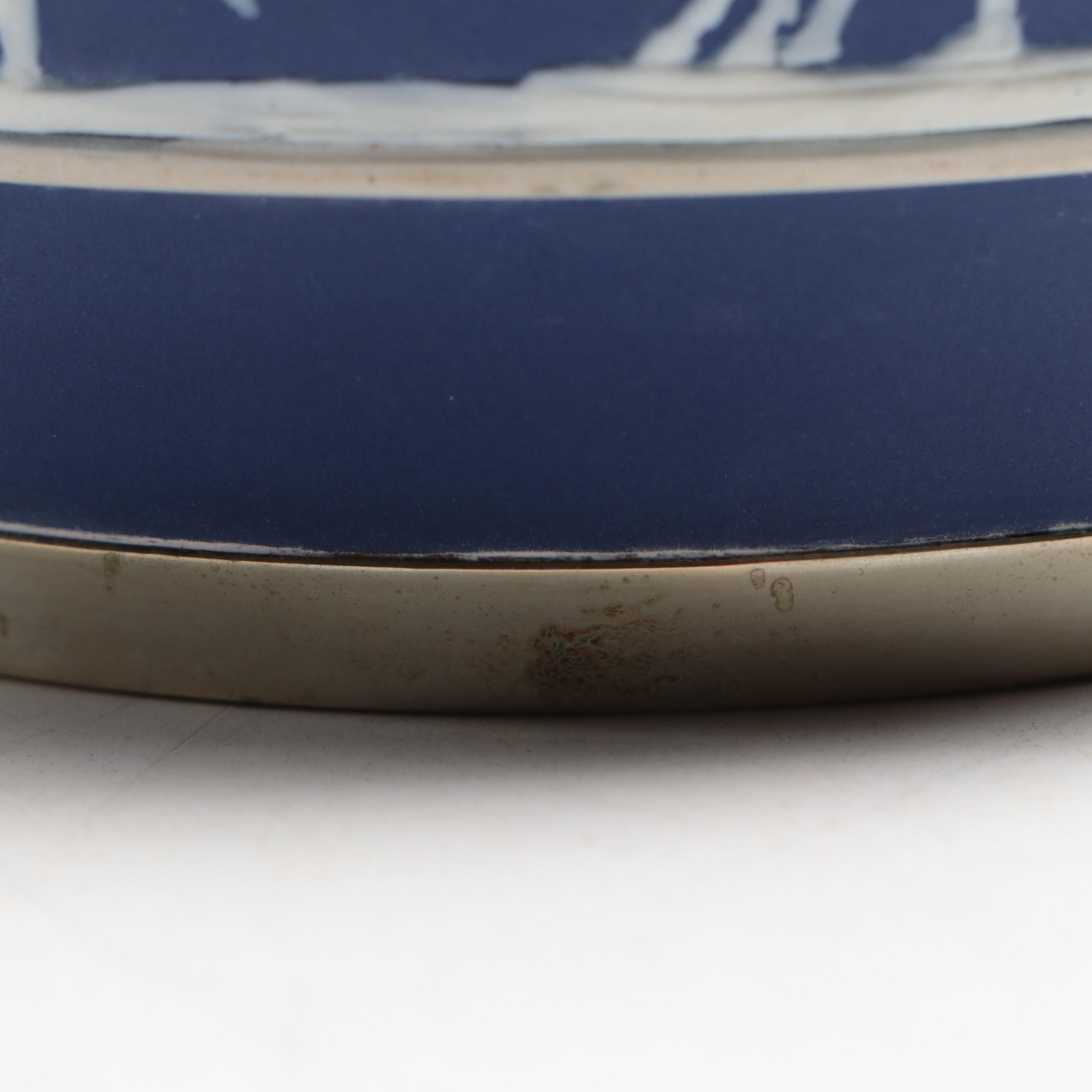 Brownhill Pottery Co. Blue Slip Glazed and Spring Decorated Biscuit Barrel