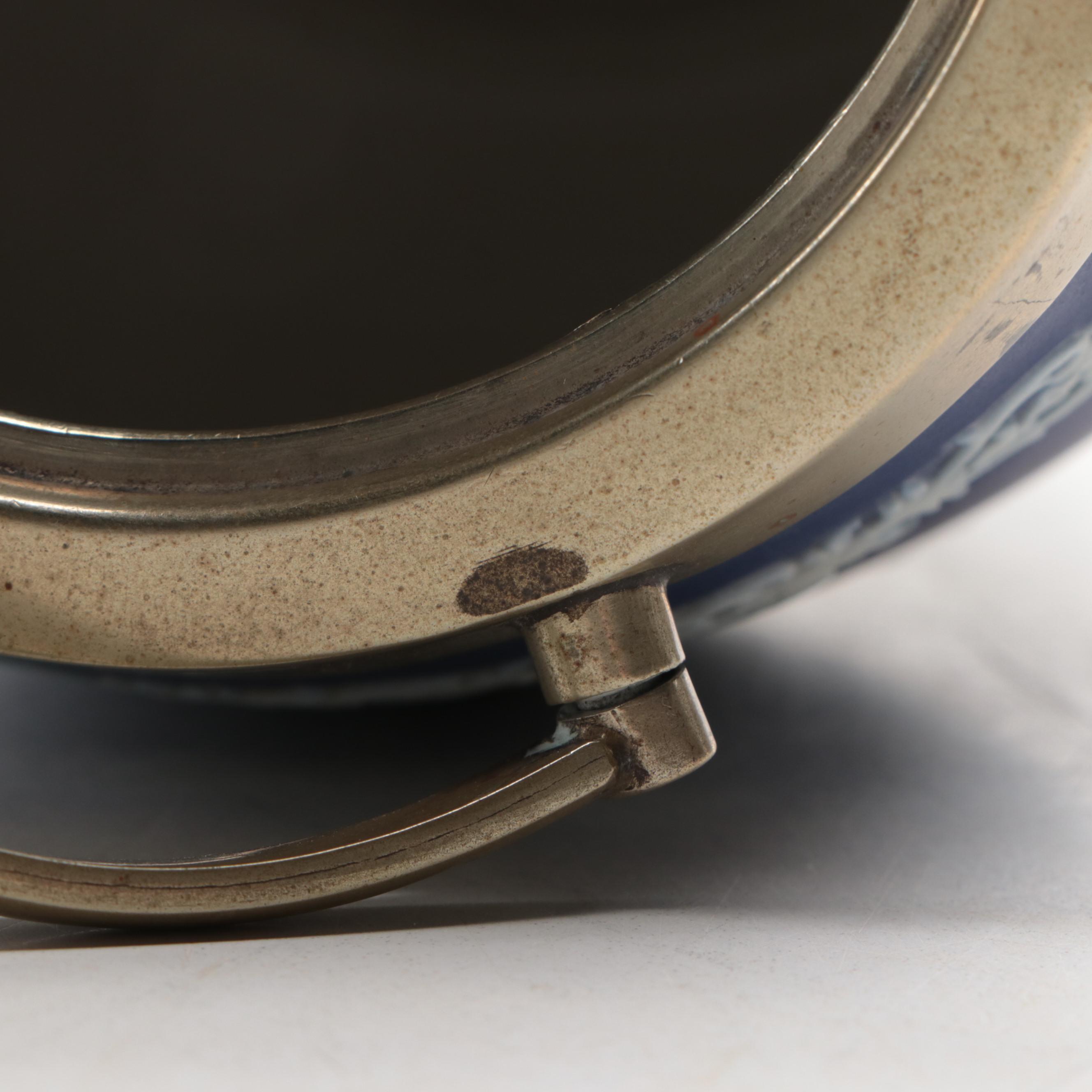 Brownhill Pottery Co. Blue Slip Glazed and Spring Decorated Biscuit Barrel