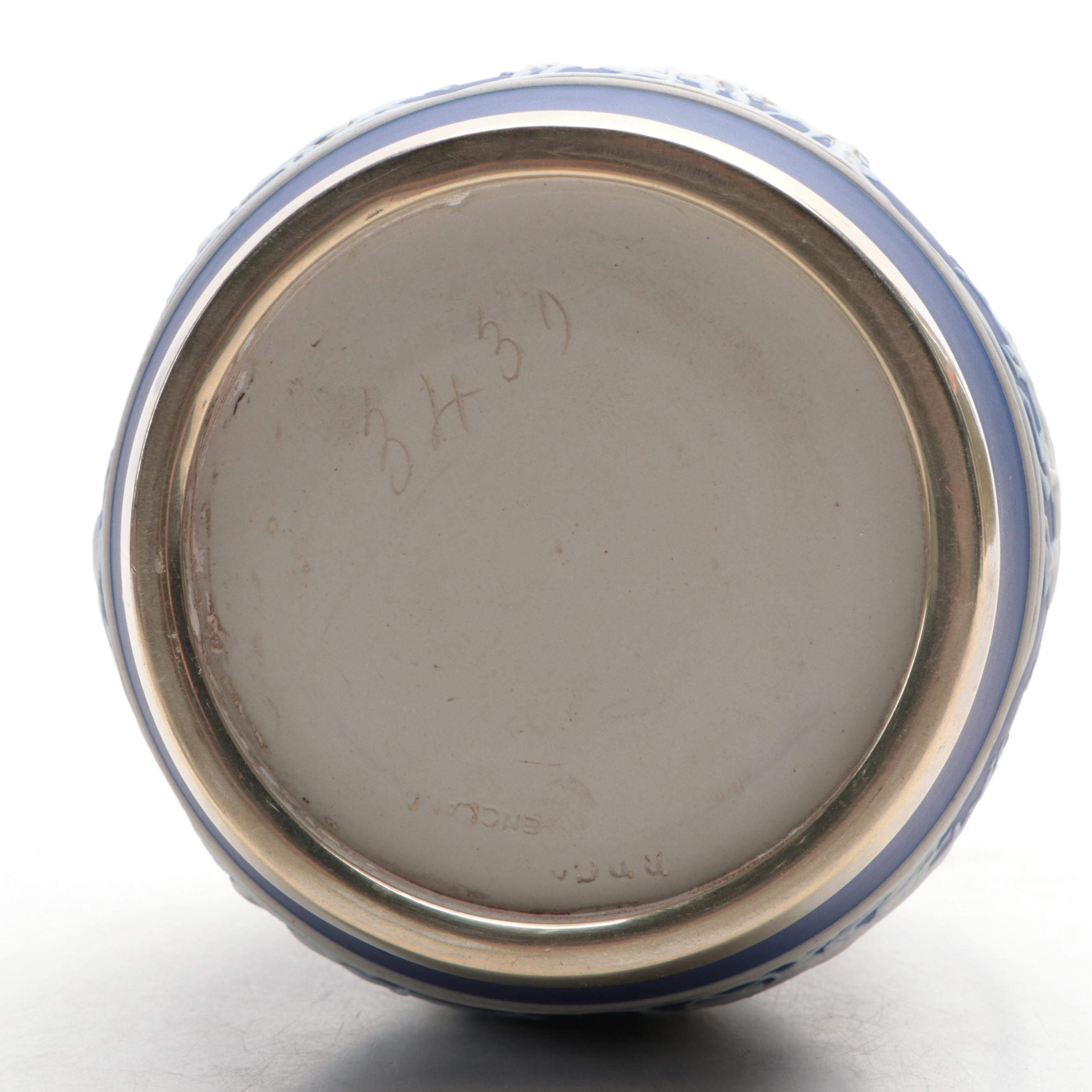 Brownhill Pottery Co. Blue Slip Glazed and Spring Decorated Biscuit Barrel