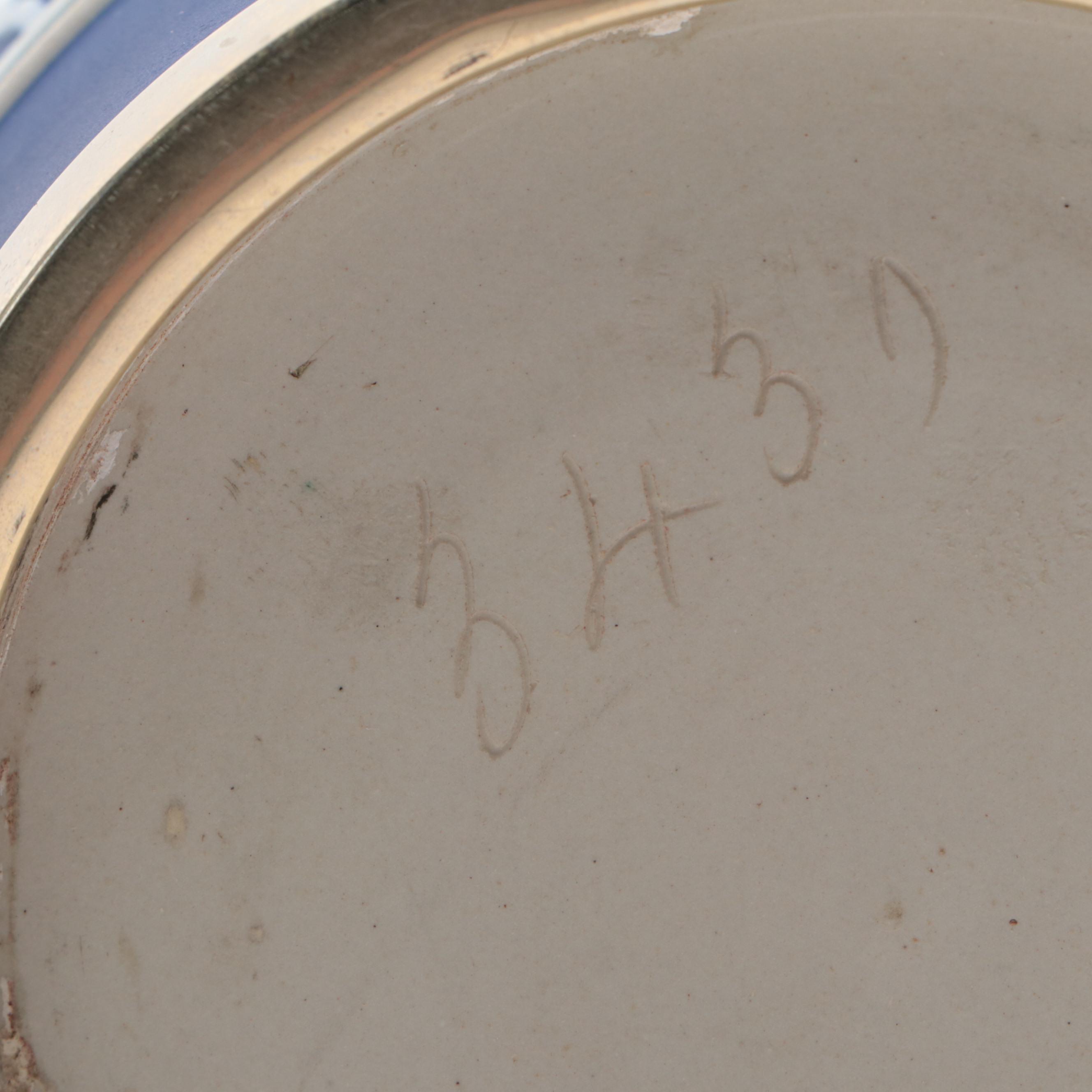 Brownhill Pottery Co. Blue Slip Glazed and Spring Decorated Biscuit Barrel