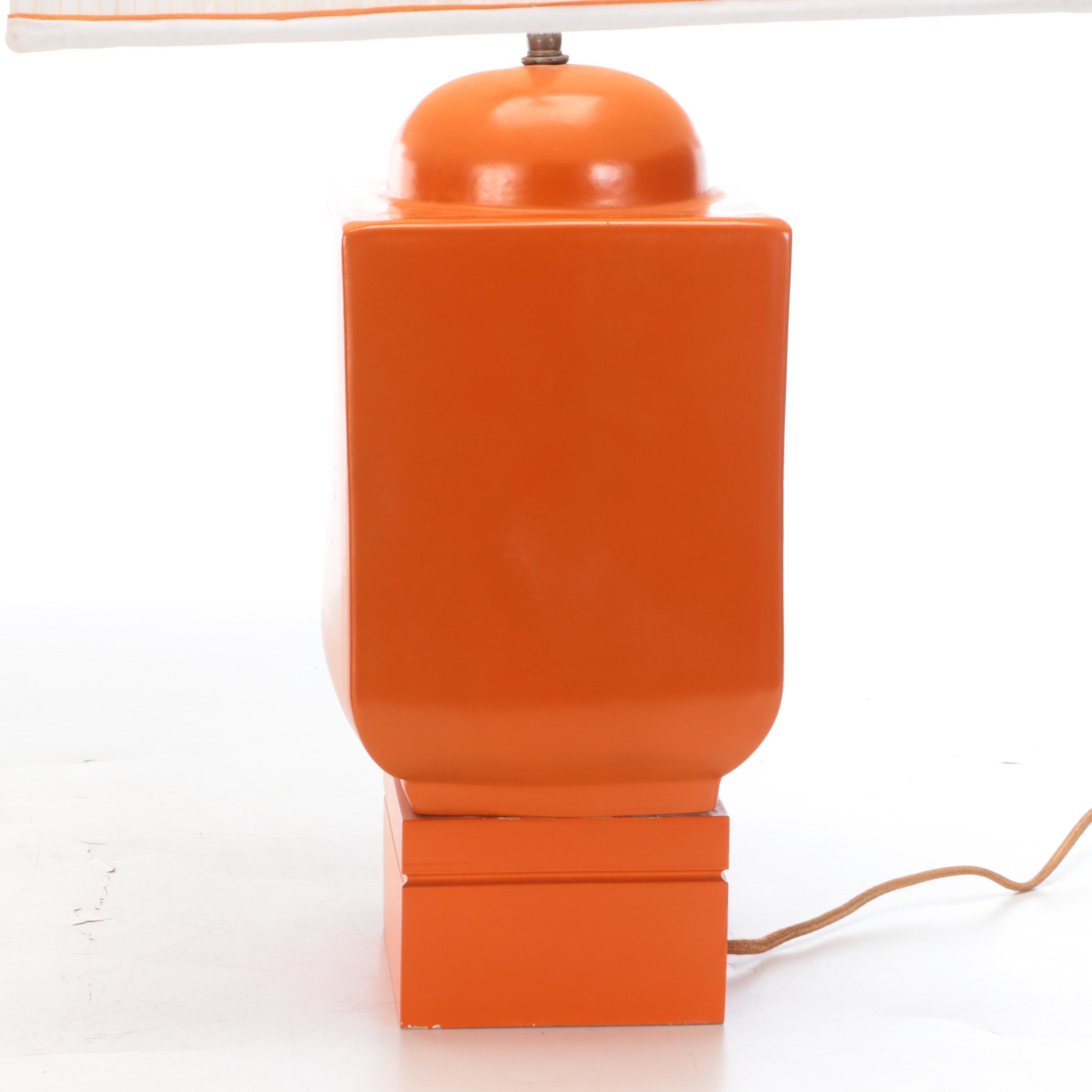 Orange Lacquered Bollard Table Lamps with Pleated Square Shades, Late 20th C.