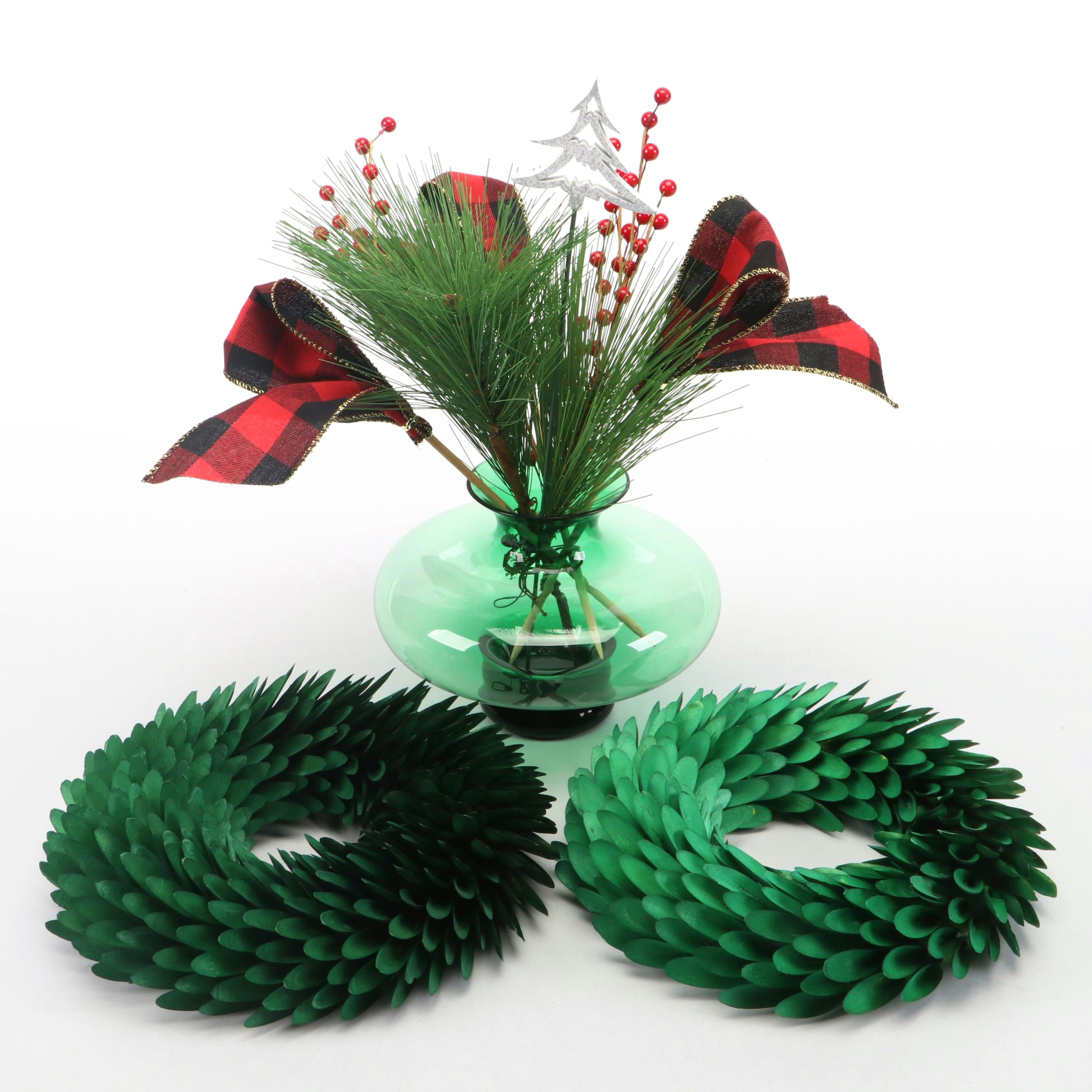 Smith & Hawken Dyed Wood Wreaths with Green Glass Vase and More