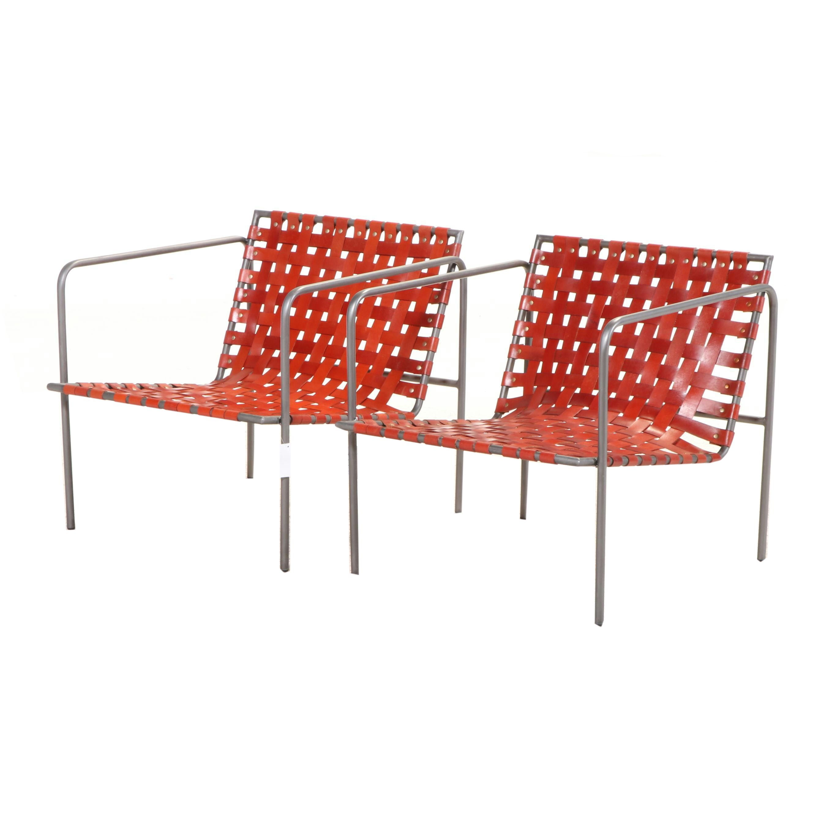 Pair of Modernist Style Powder-Coated Metal & Strap-Woven Leather Lounge Chair