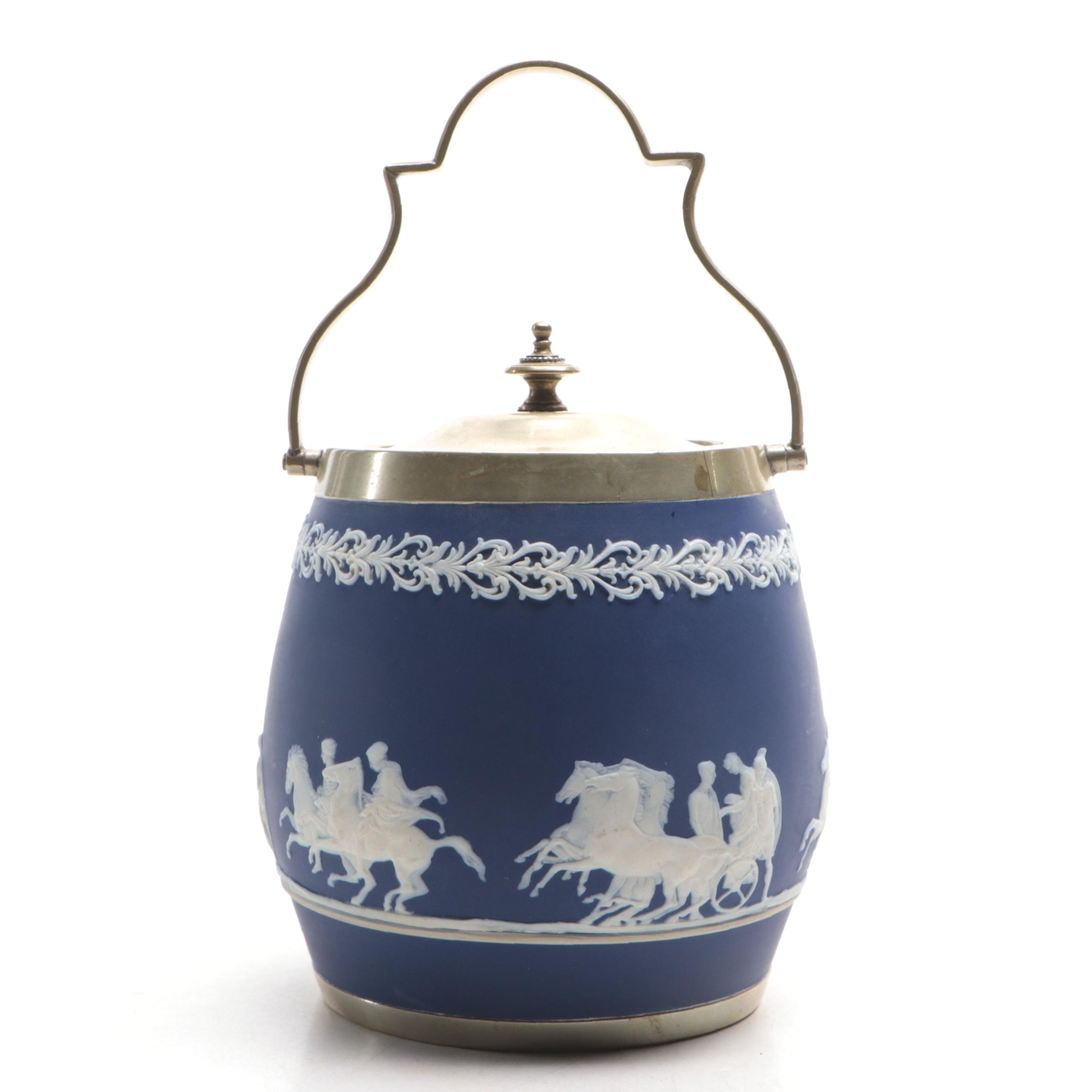 Brownhill Pottery Co. Blue Slip Glazed and Spring Decorated Biscuit Barrel