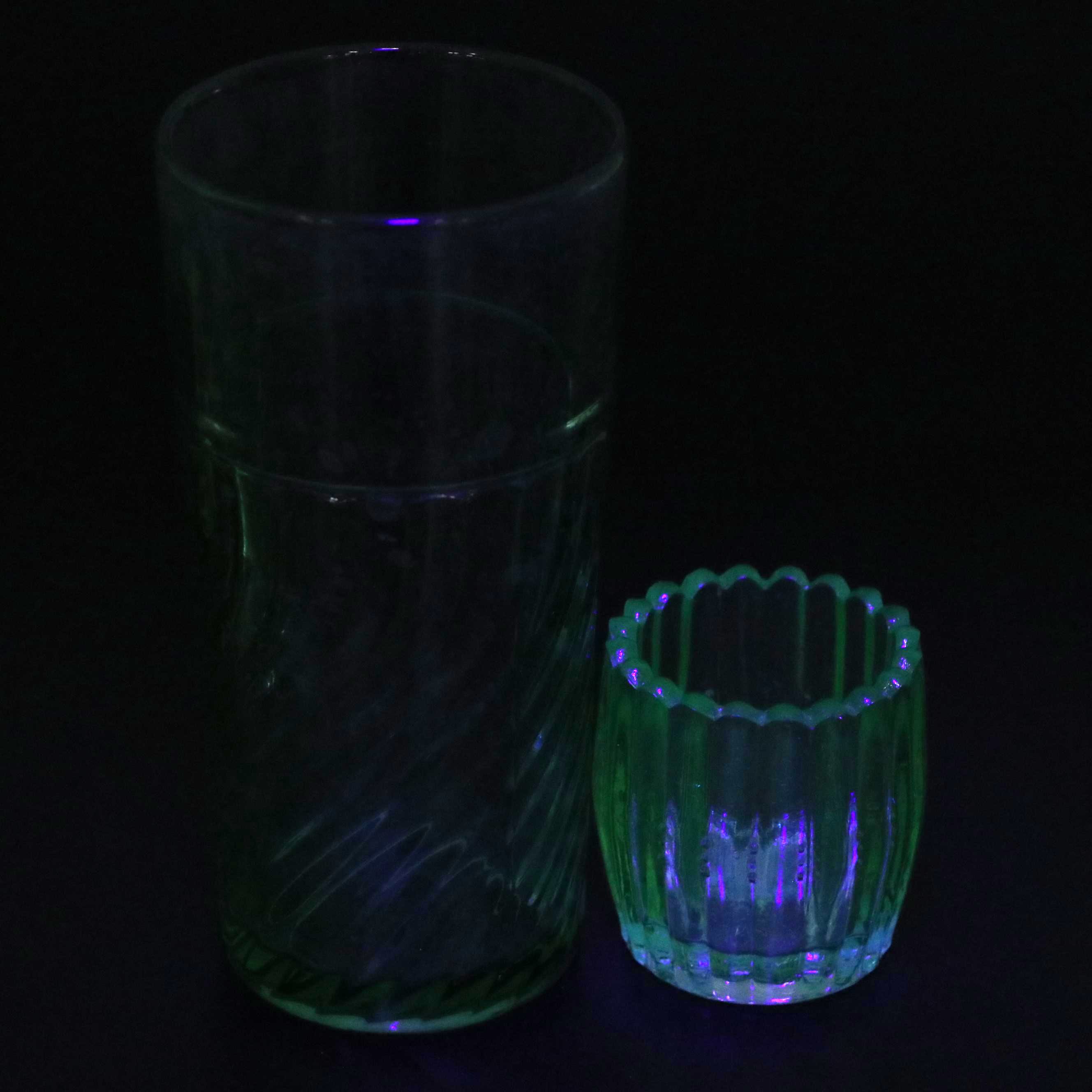 Art Deco Style Vaseline and Clear Glass Juicers and Tableware