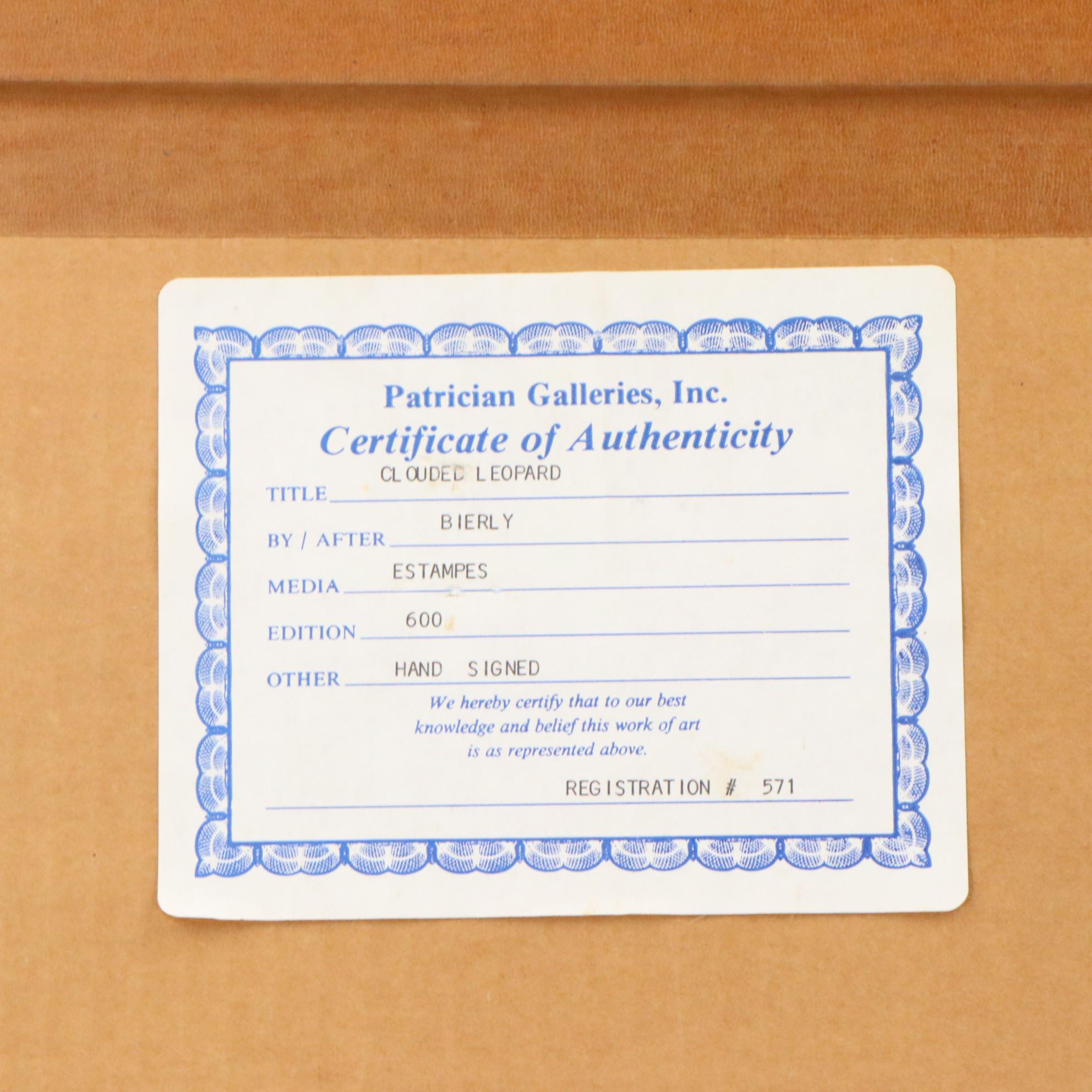 Edward J. Bierly Offset Lithograph of Clouded Leopard, Circa 1979