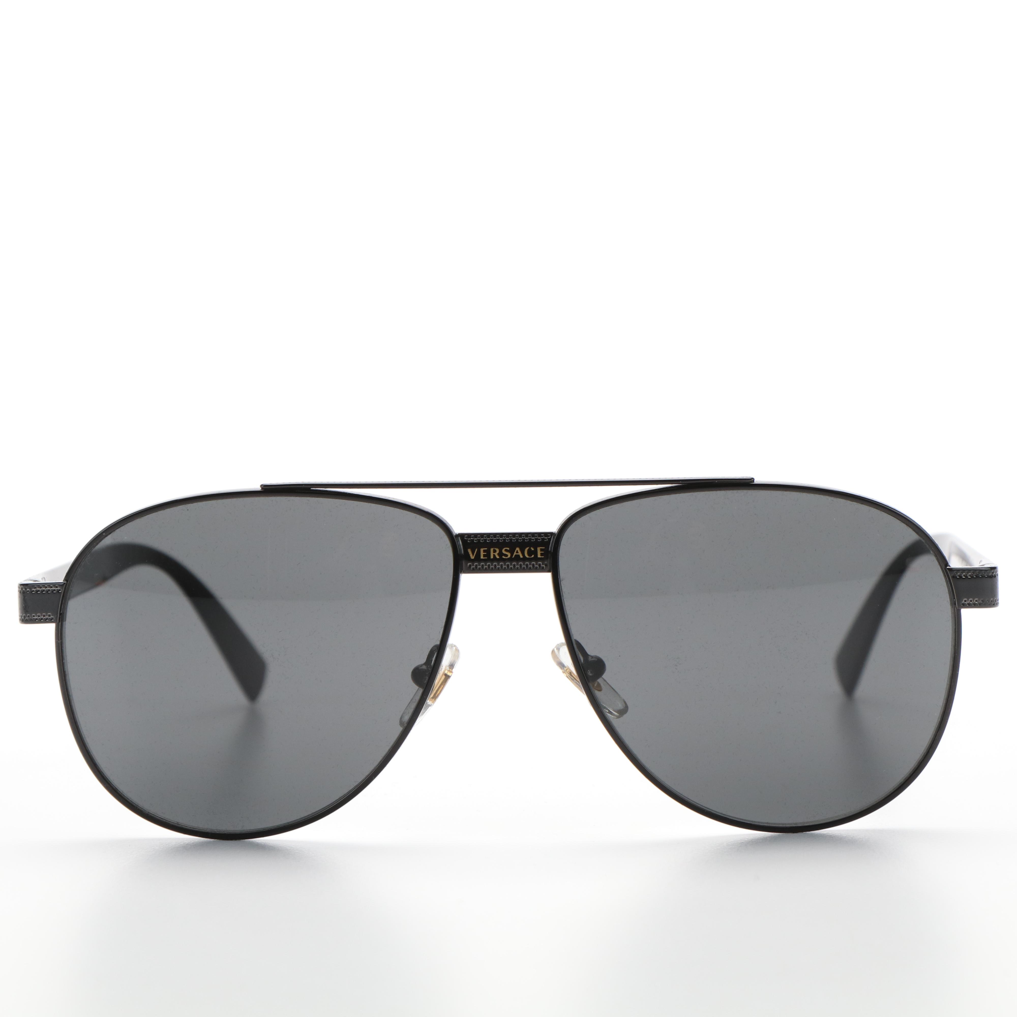 Versace Mod. 2209 Black Frame Dark Gray Aviator Sunglasses with Case and Box