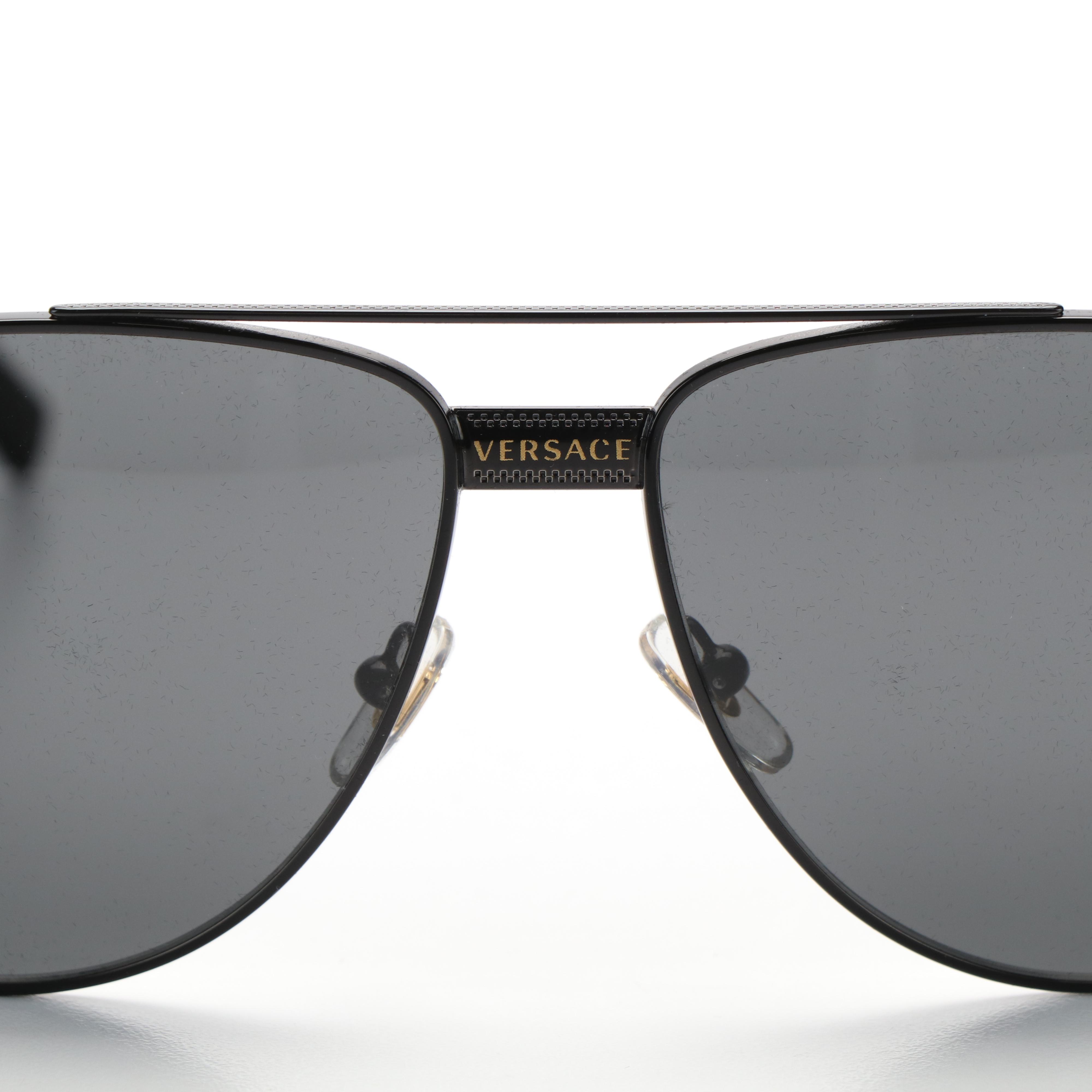 Versace Mod. 2209 Black Frame Dark Gray Aviator Sunglasses with Case and Box