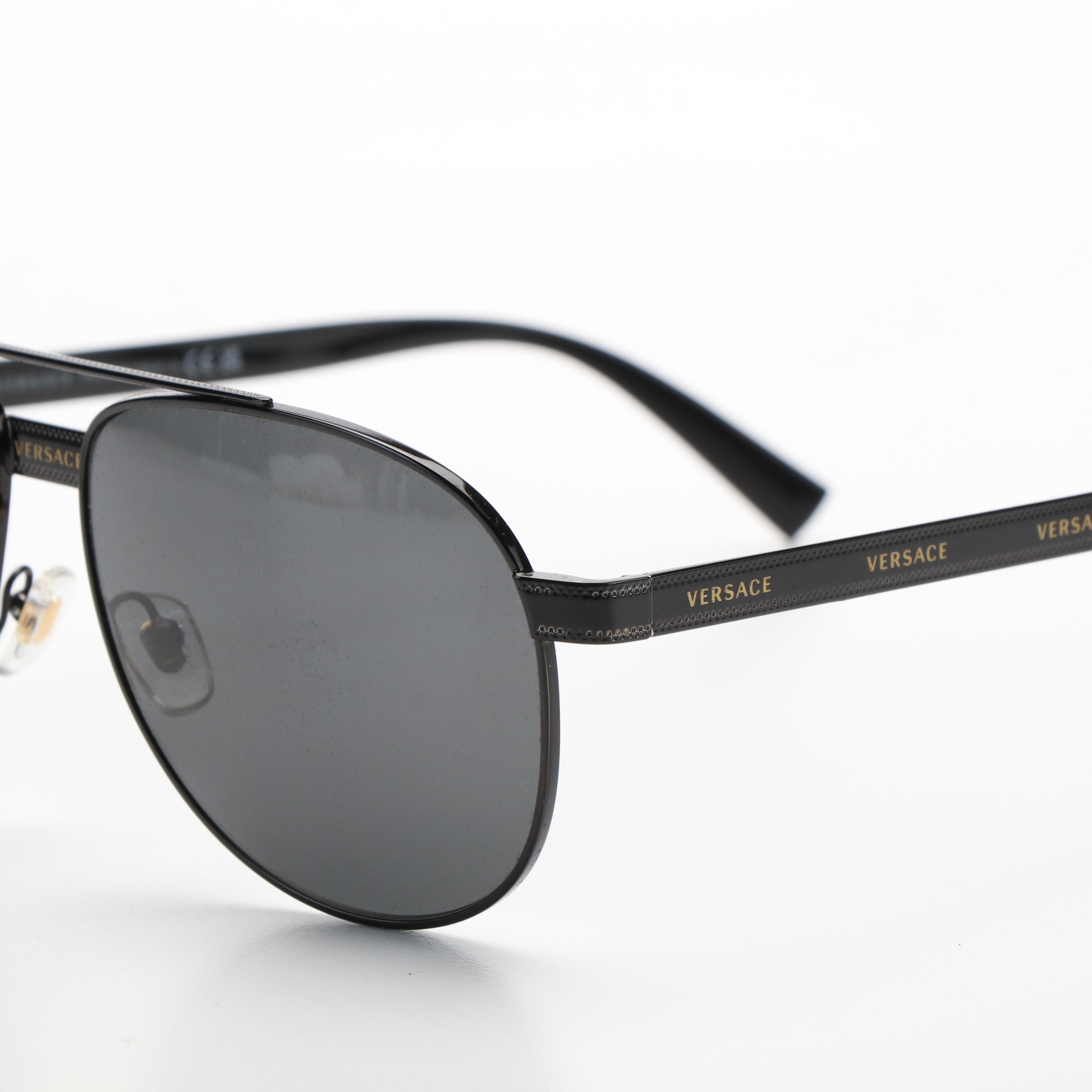 Versace Mod. 2209 Black Frame Dark Gray Aviator Sunglasses with Case and Box