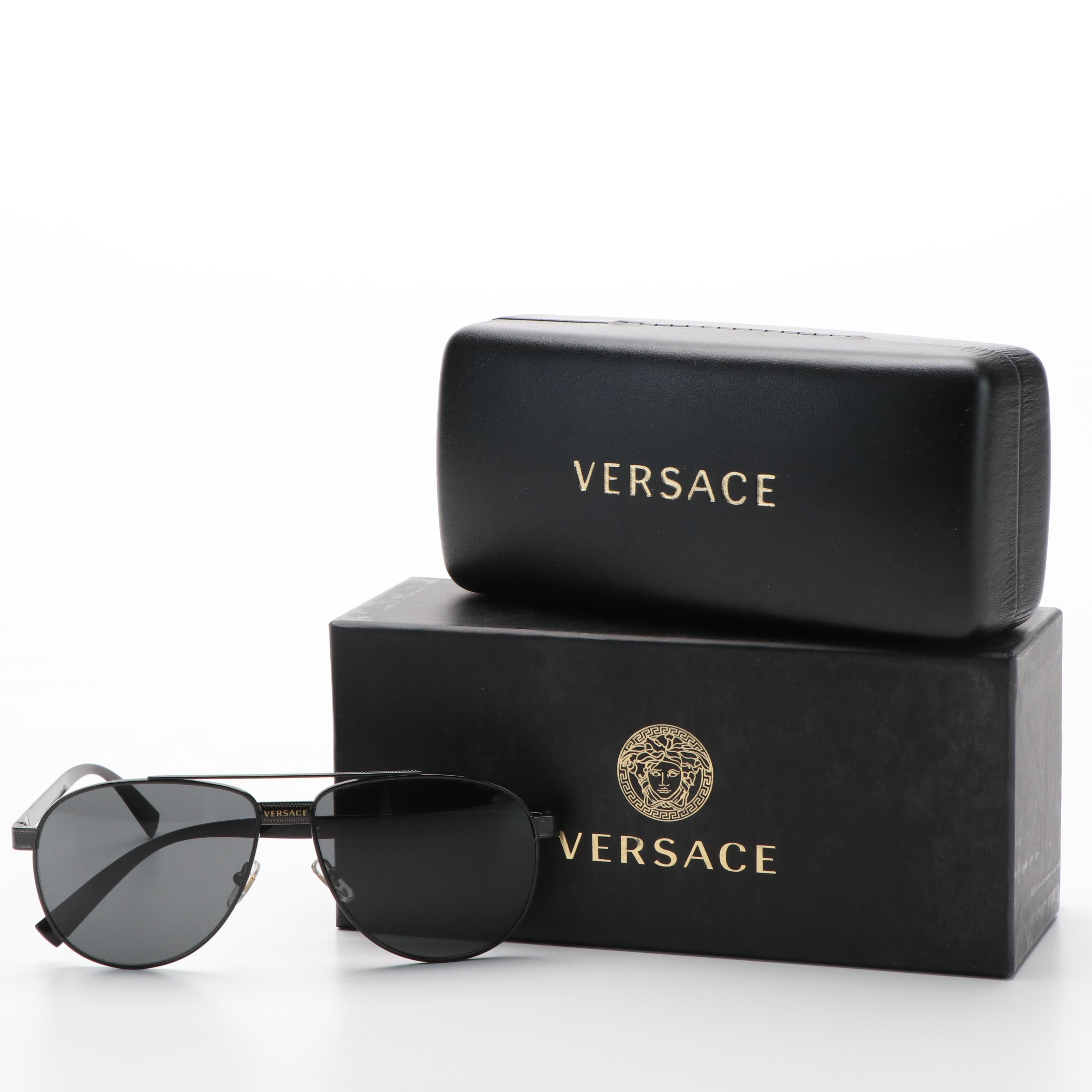 Versace Mod. 2209 Black Frame Dark Gray Aviator Sunglasses with Case and Box