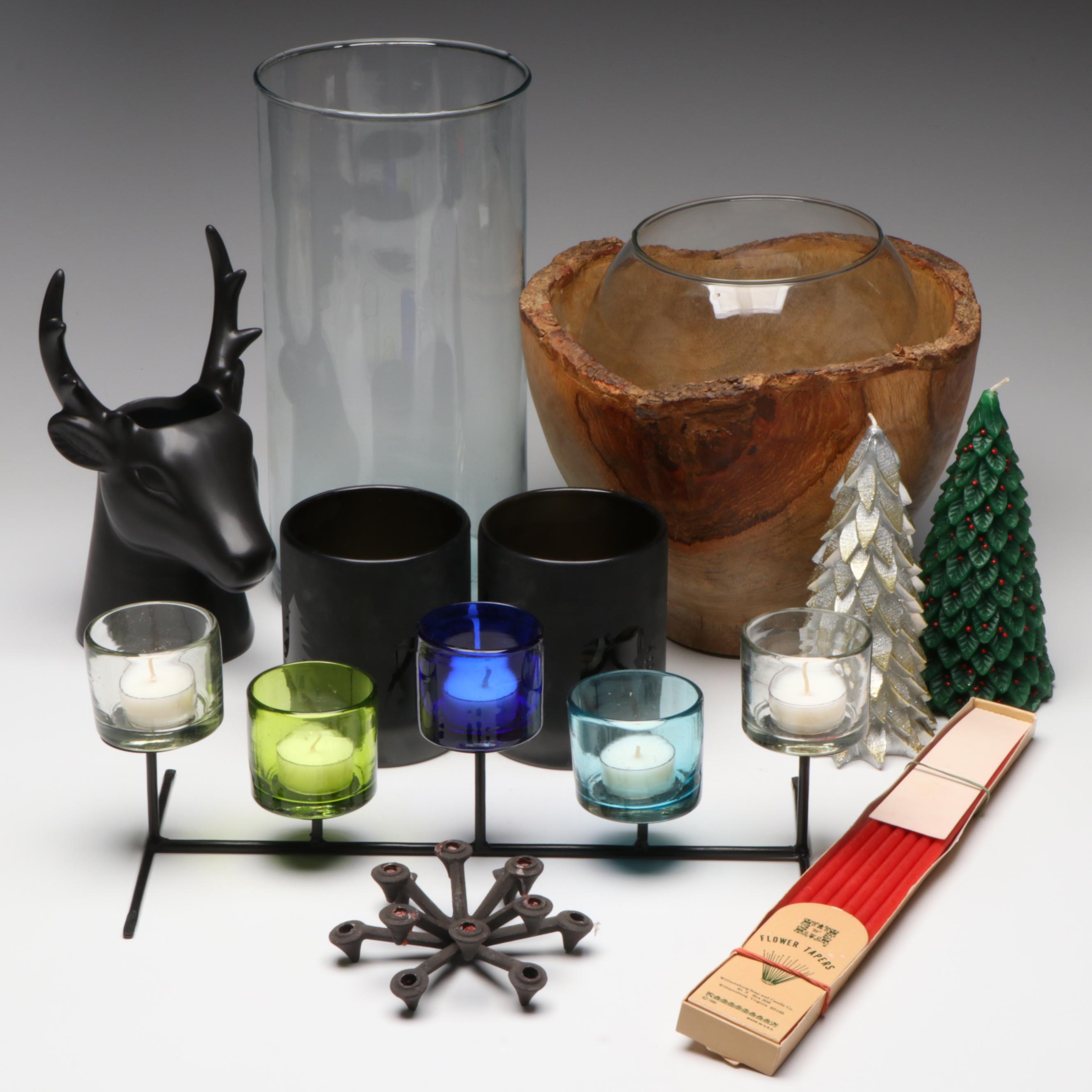 Mango Wood Serving Bowl with Votive Candle Holder, Fir Tree Candles and More