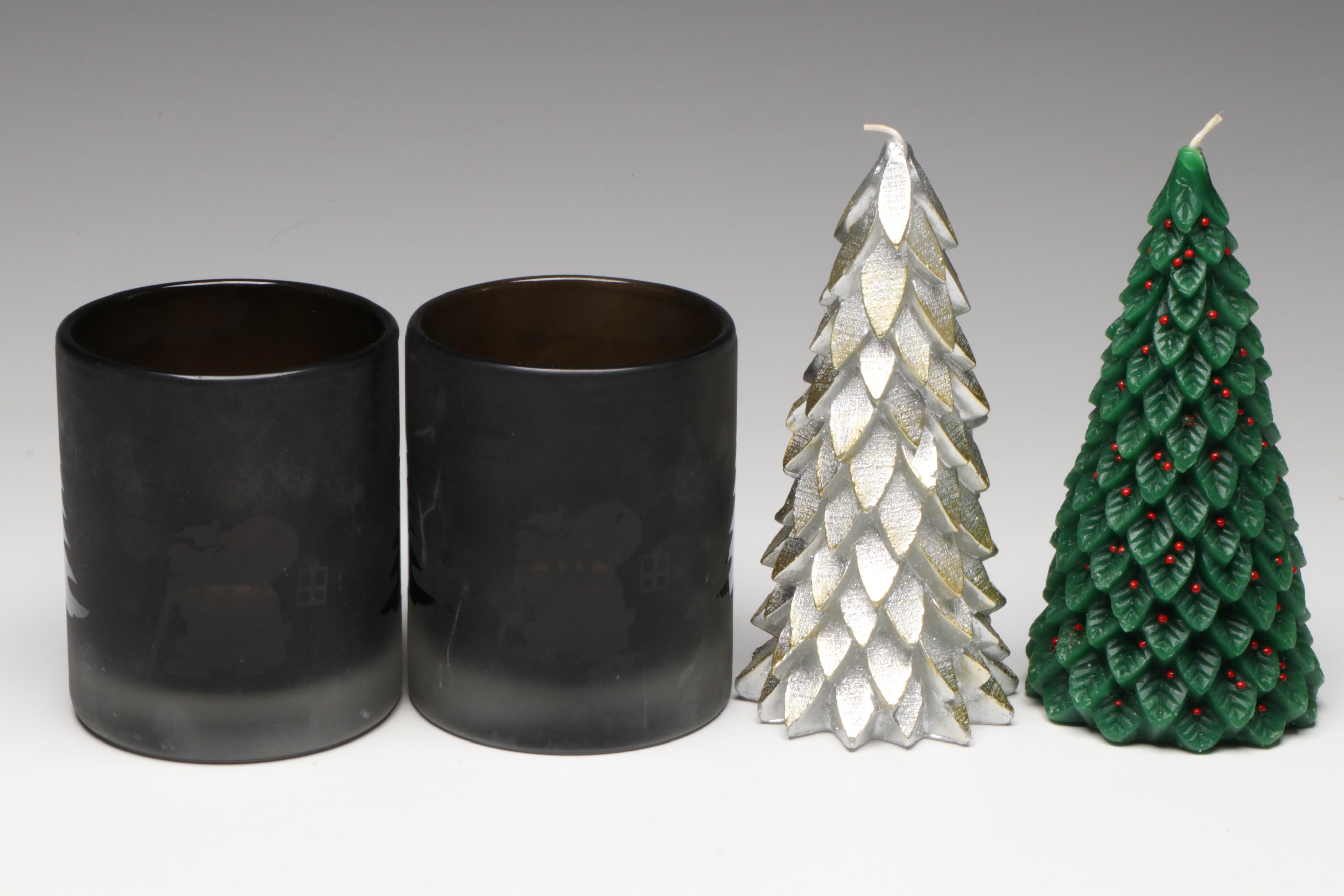 Mango Wood Serving Bowl with Votive Candle Holder, Fir Tree Candles and More