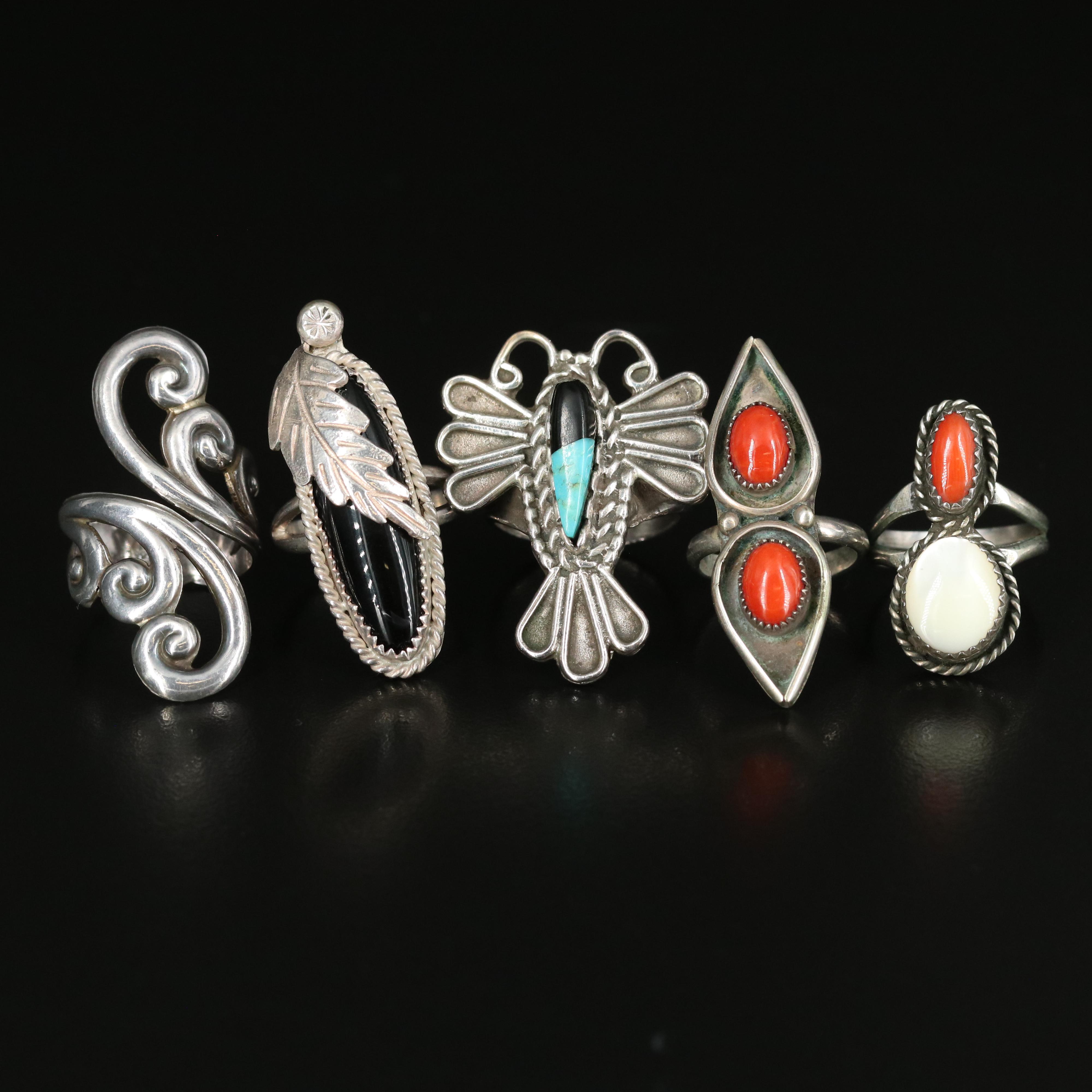 Sterling Ring Collection Including Coral, Mother of Pearl, and Black Onyx