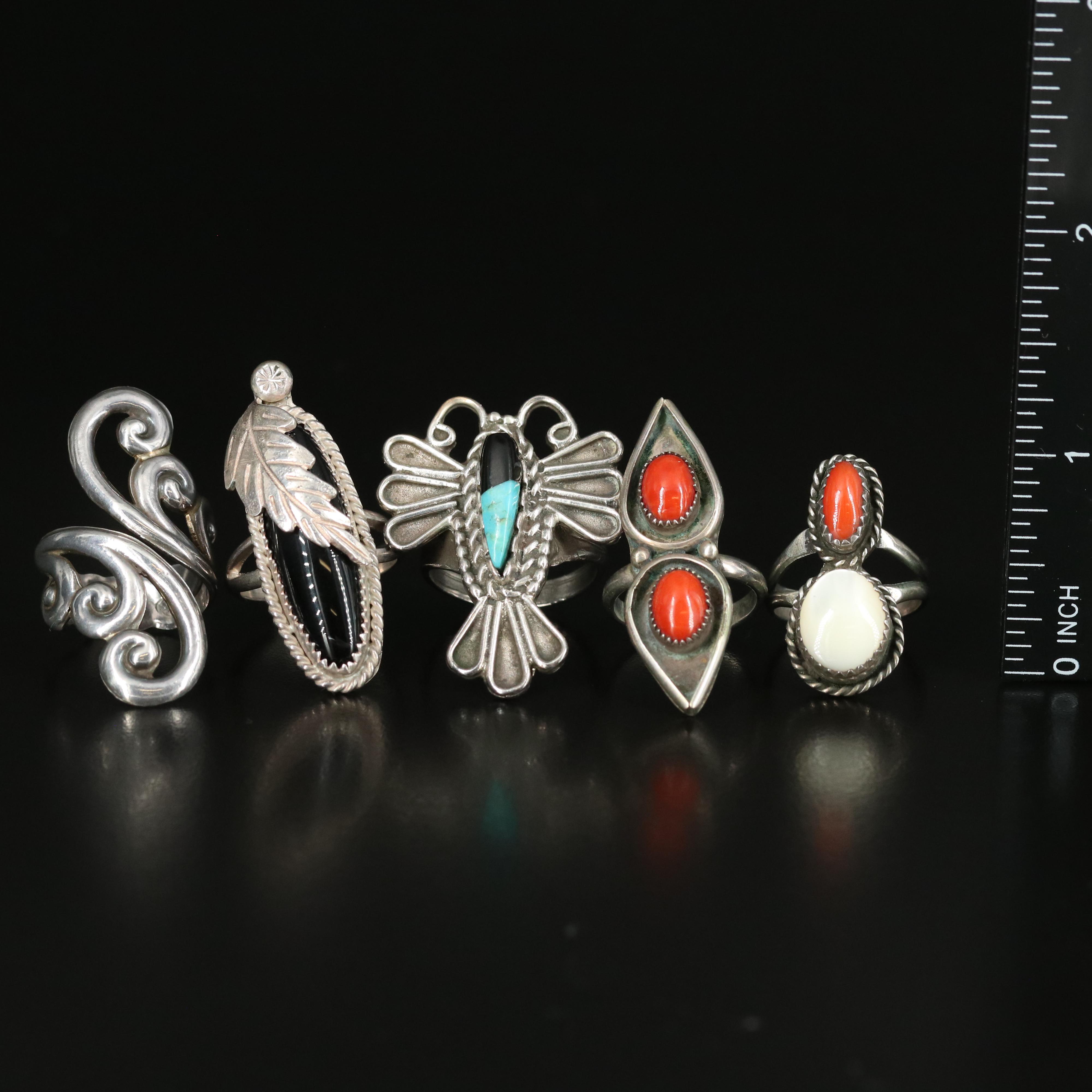 Sterling Ring Collection Including Coral, Mother of Pearl, and Black Onyx