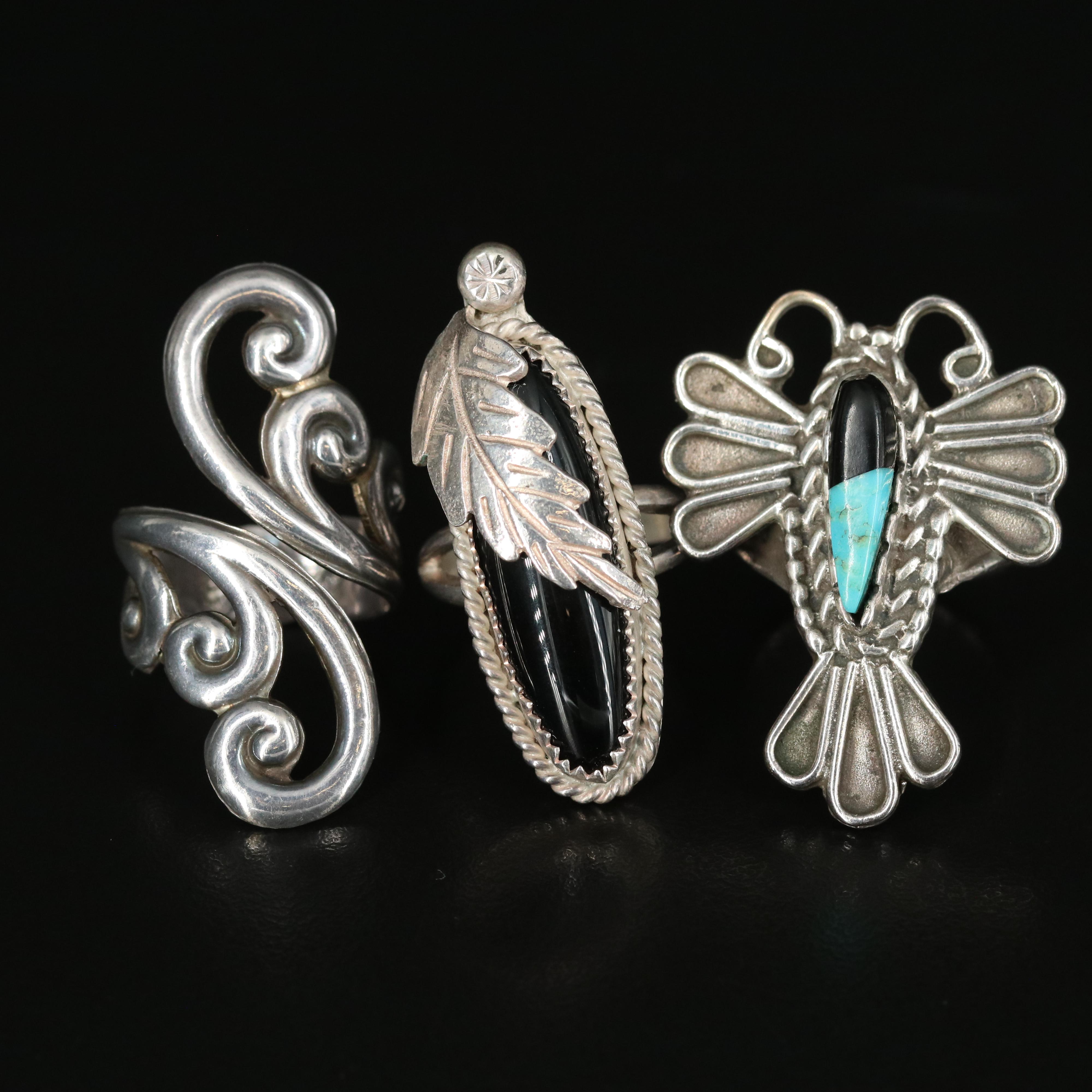 Sterling Ring Collection Including Coral, Mother of Pearl, and Black Onyx