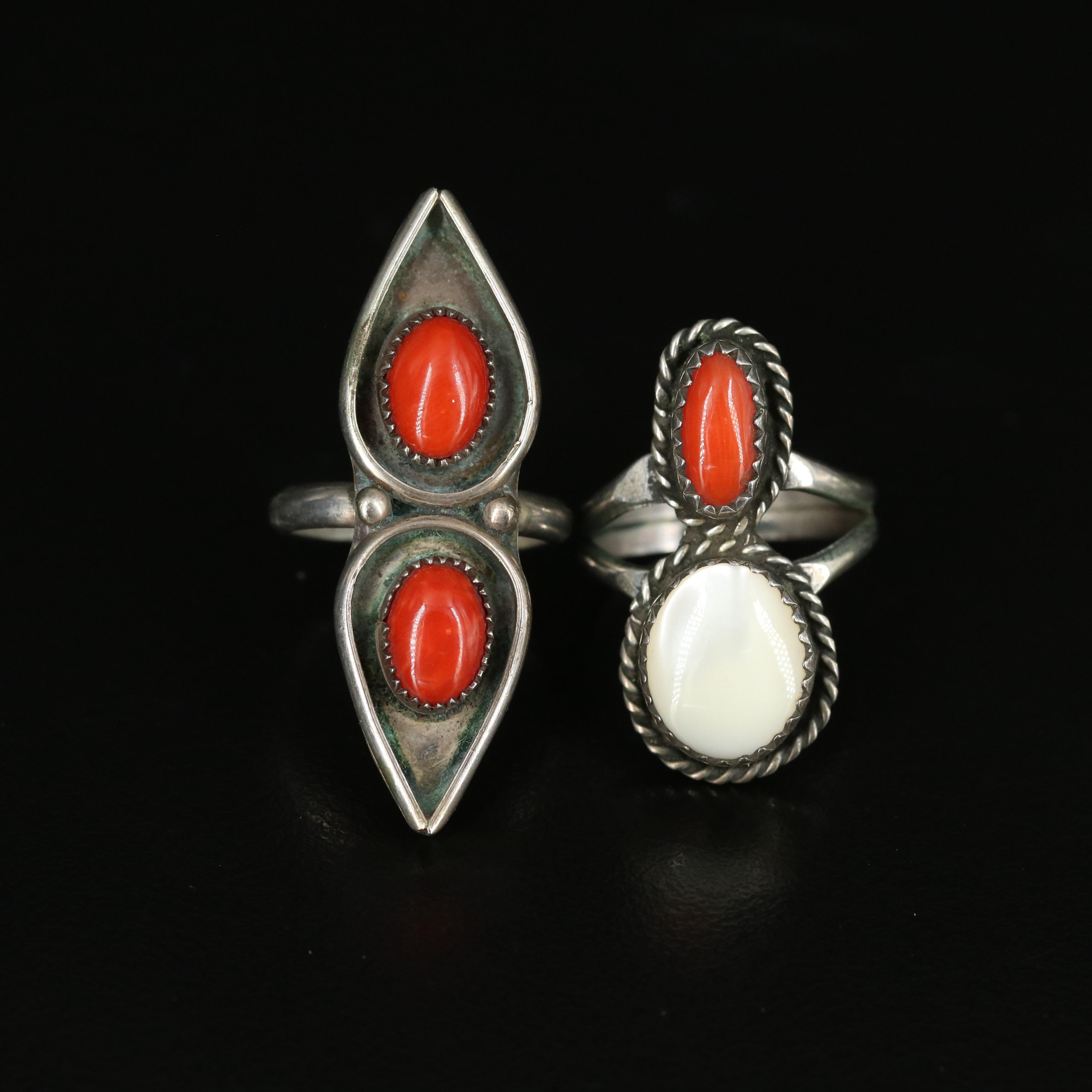 Sterling Ring Collection Including Coral, Mother of Pearl, and Black Onyx