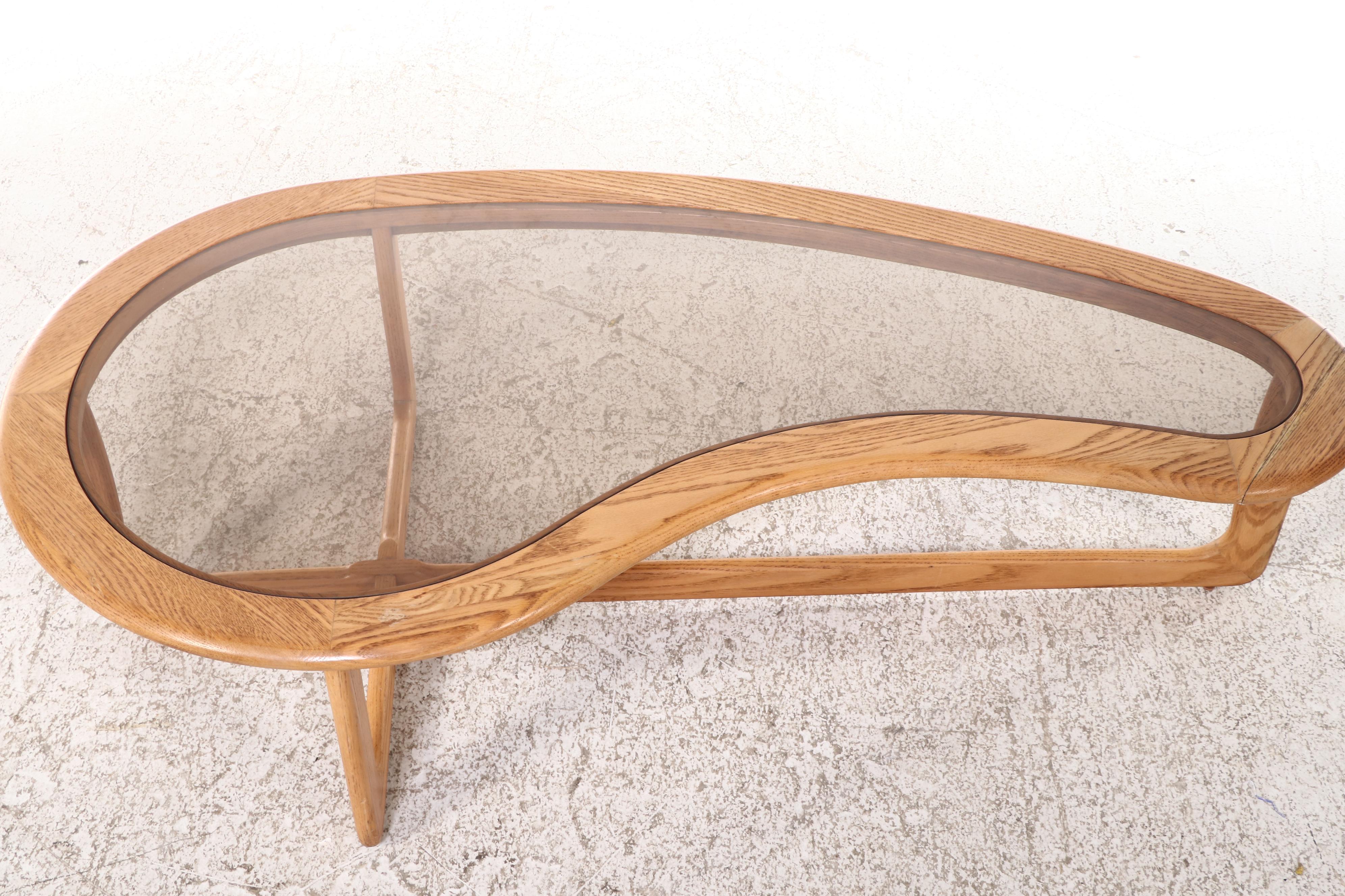 Lane "Silhouette" Oak and Smoked Glass Kidney-Form Coffee Table, circa 1970