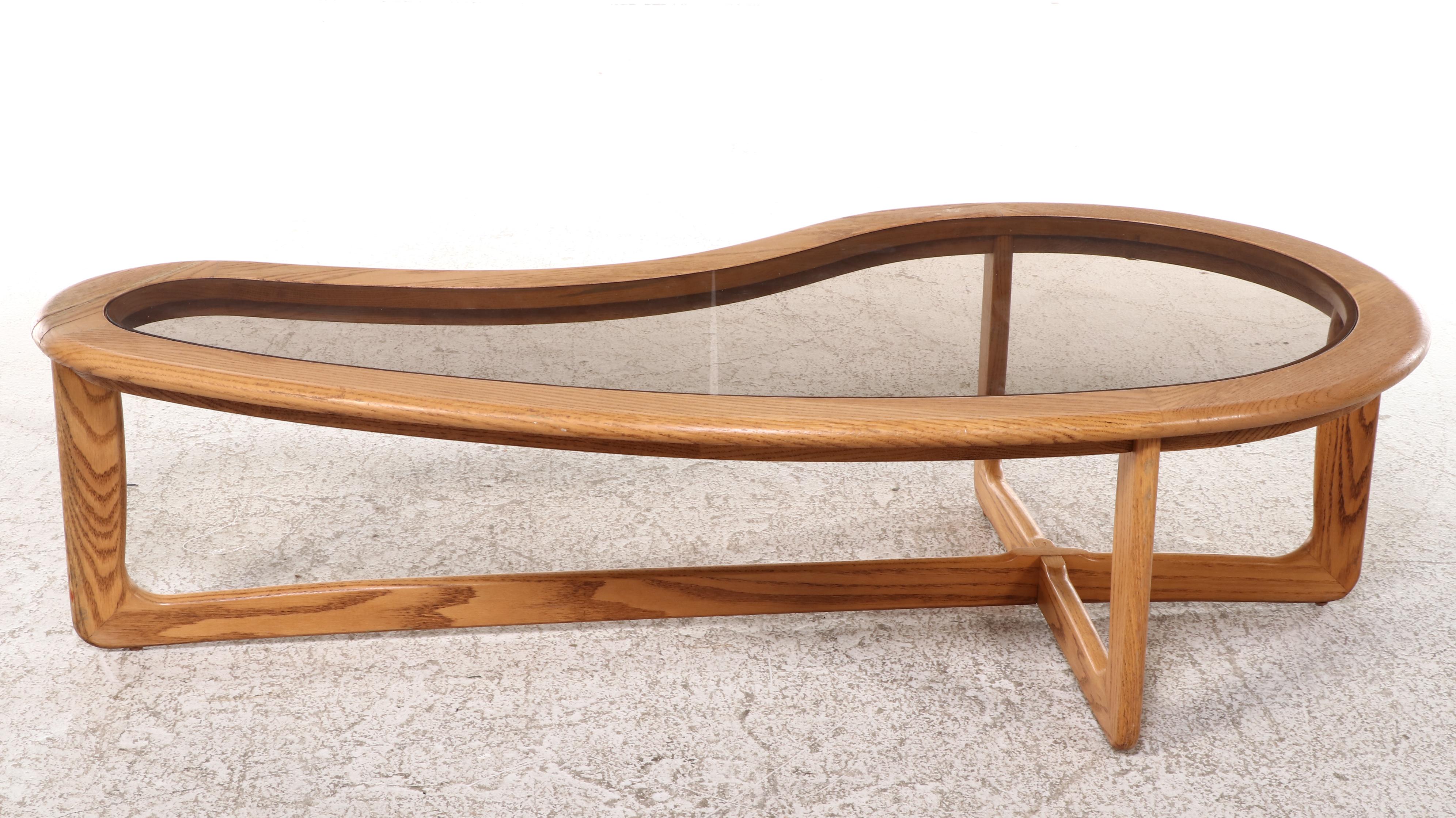 Lane "Silhouette" Oak and Smoked Glass Kidney-Form Coffee Table, circa 1970