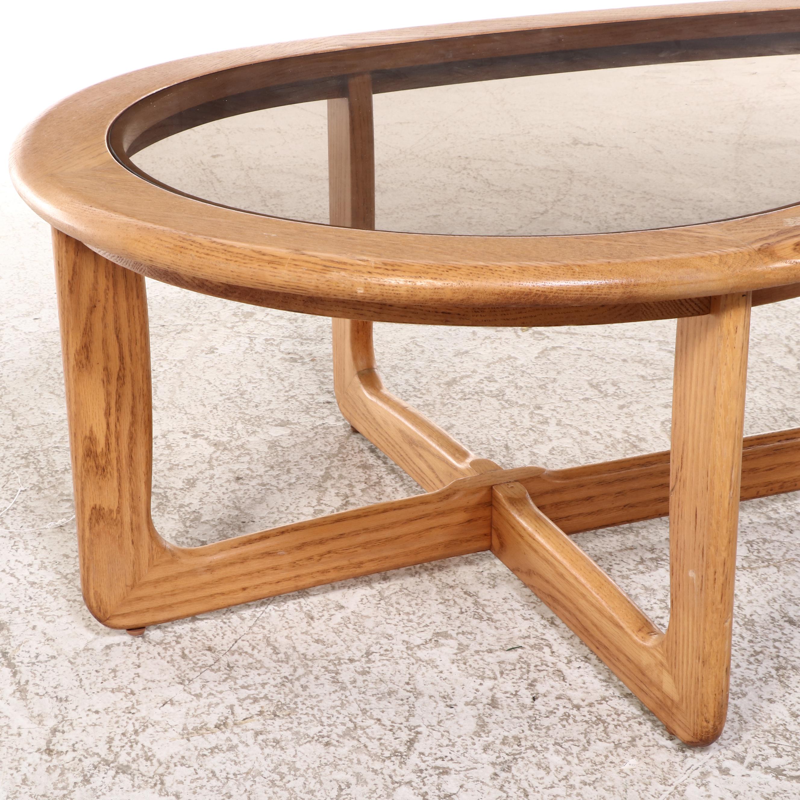 Lane "Silhouette" Oak and Smoked Glass Kidney-Form Coffee Table, circa 1970