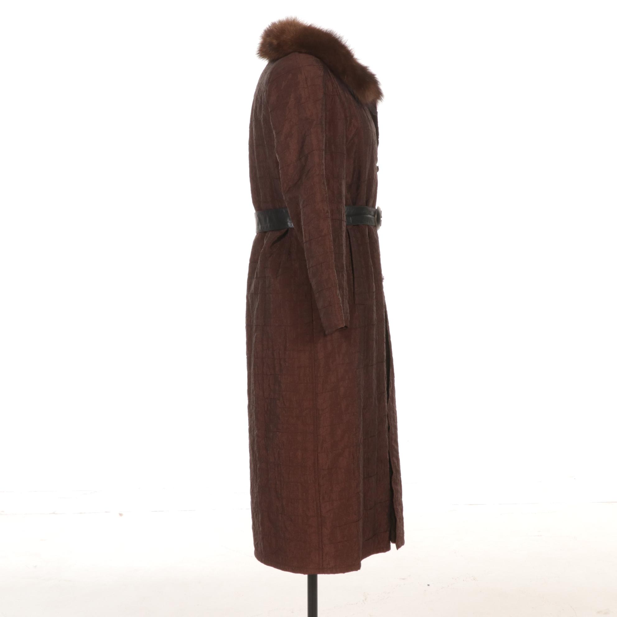 Fur-Lined Chocolate Taffeta Coat With Mink Collar, Leather Accent Closure & Belt