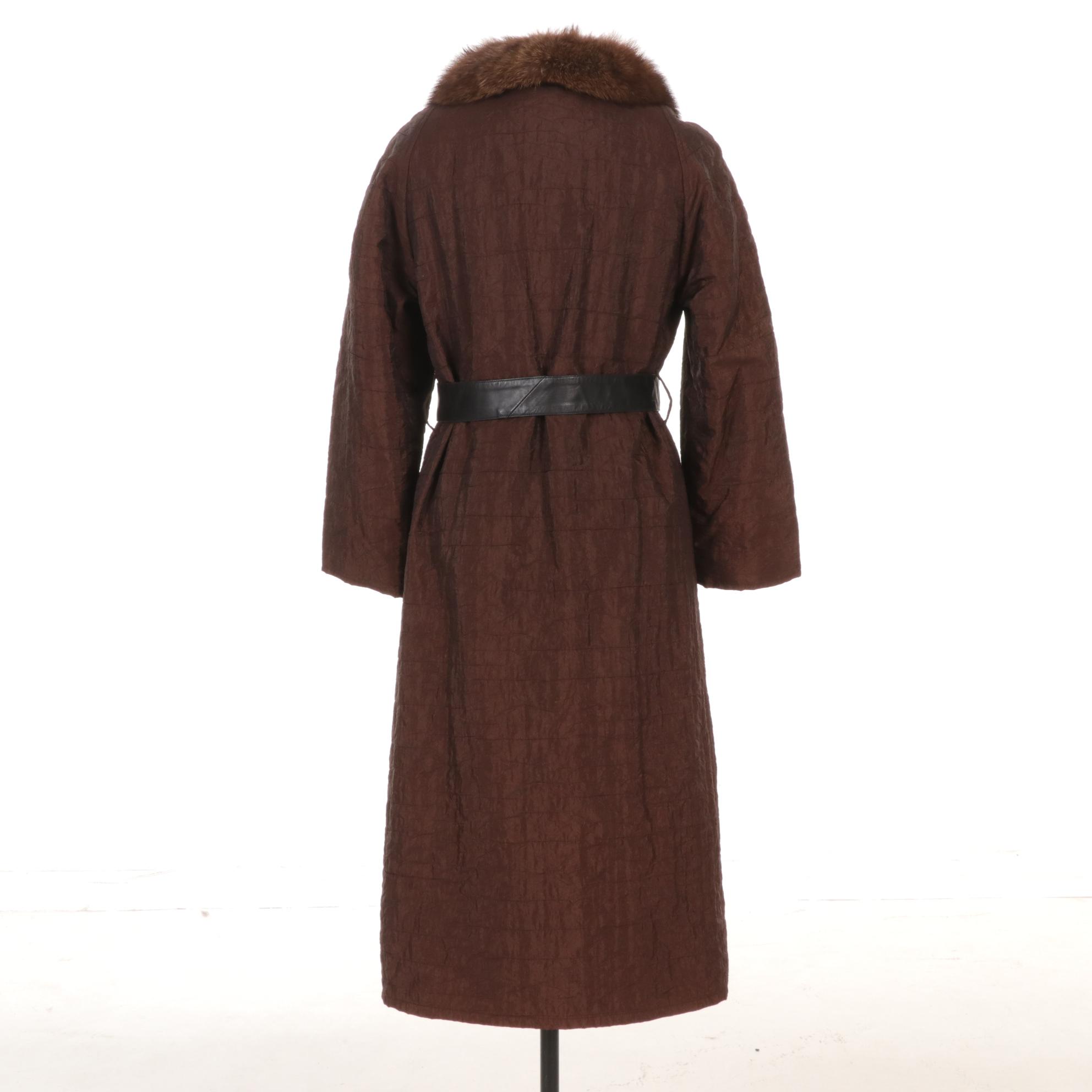 Fur-Lined Chocolate Taffeta Coat With Mink Collar, Leather Accent Closure & Belt