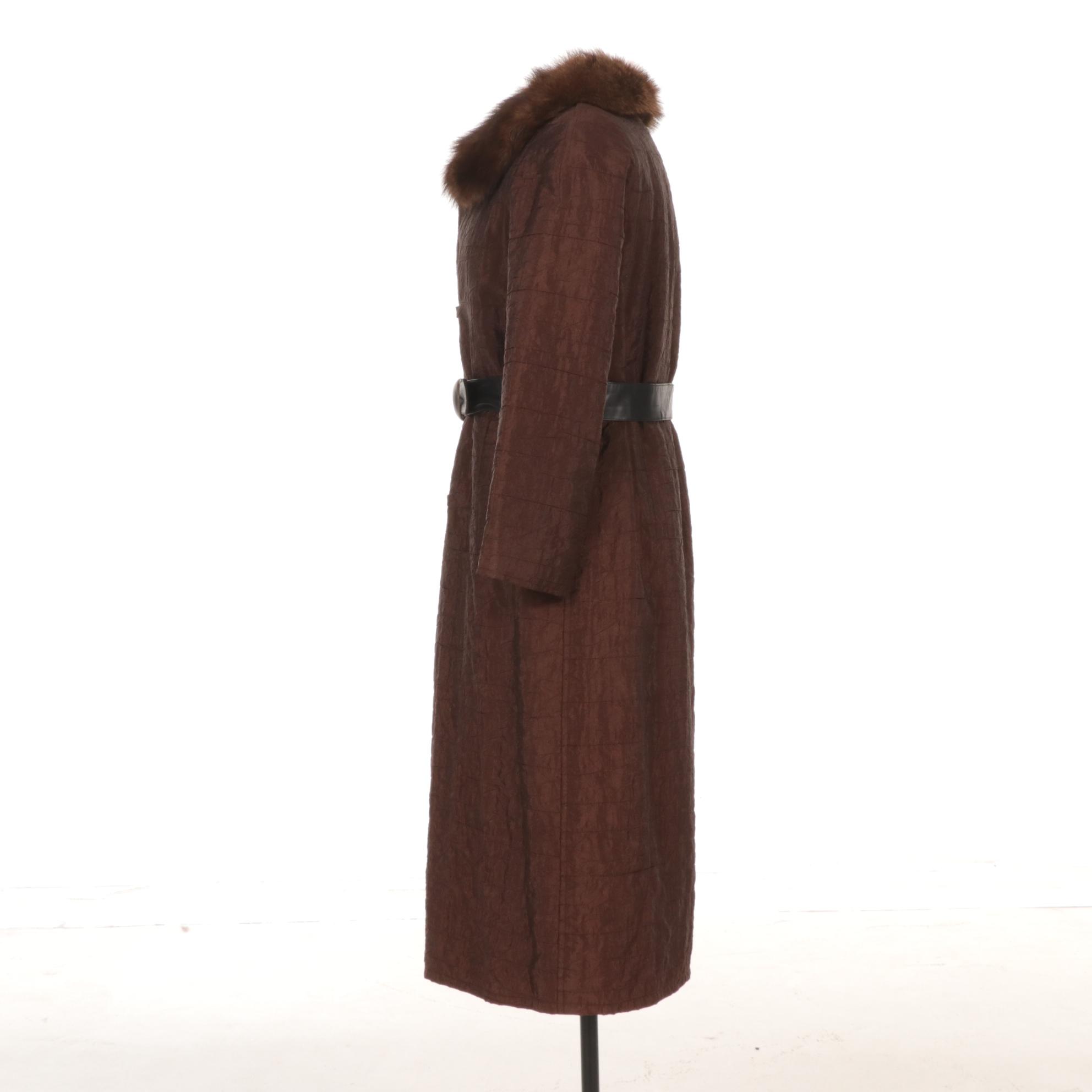 Fur-Lined Chocolate Taffeta Coat With Mink Collar, Leather Accent Closure & Belt