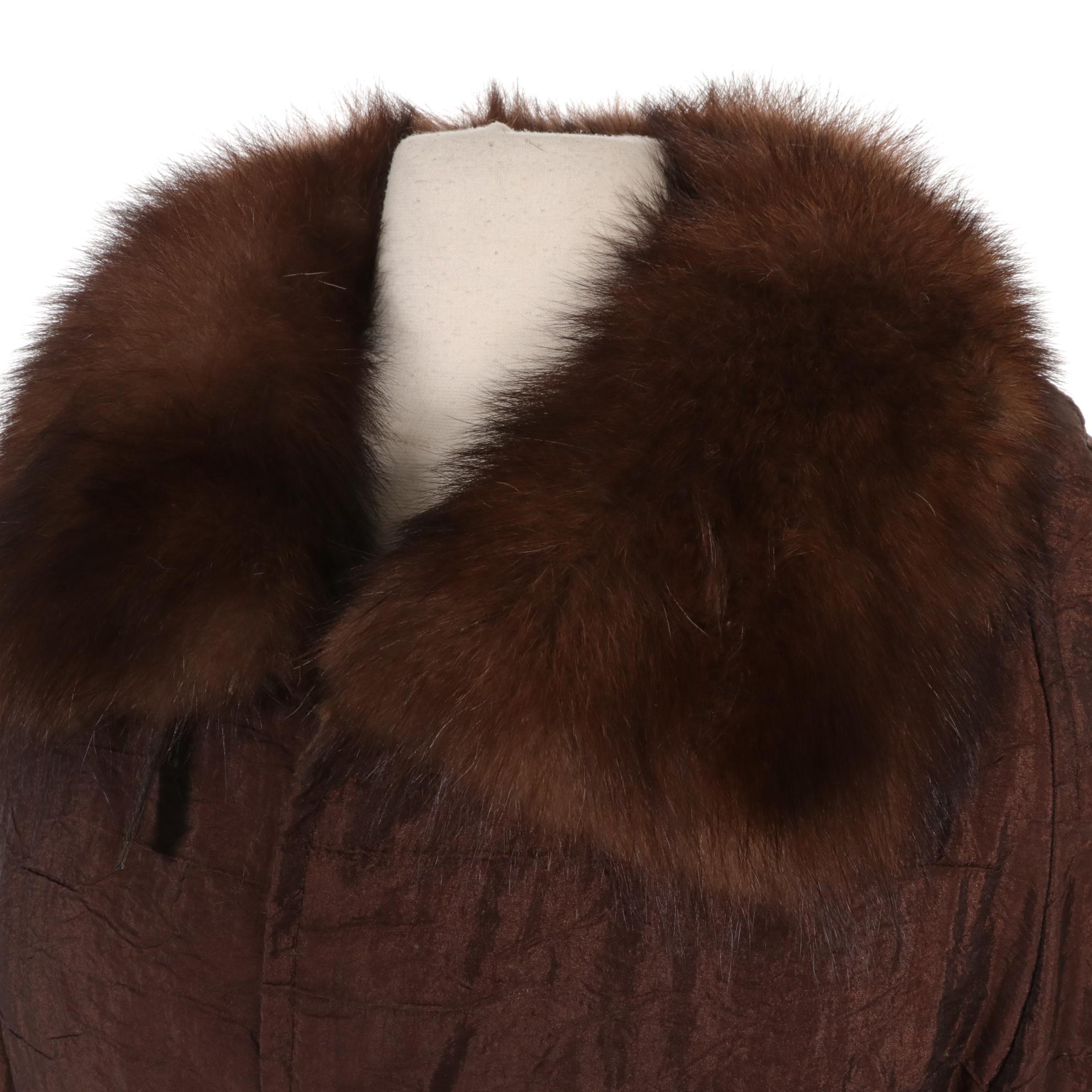 Fur-Lined Chocolate Taffeta Coat With Mink Collar, Leather Accent Closure & Belt