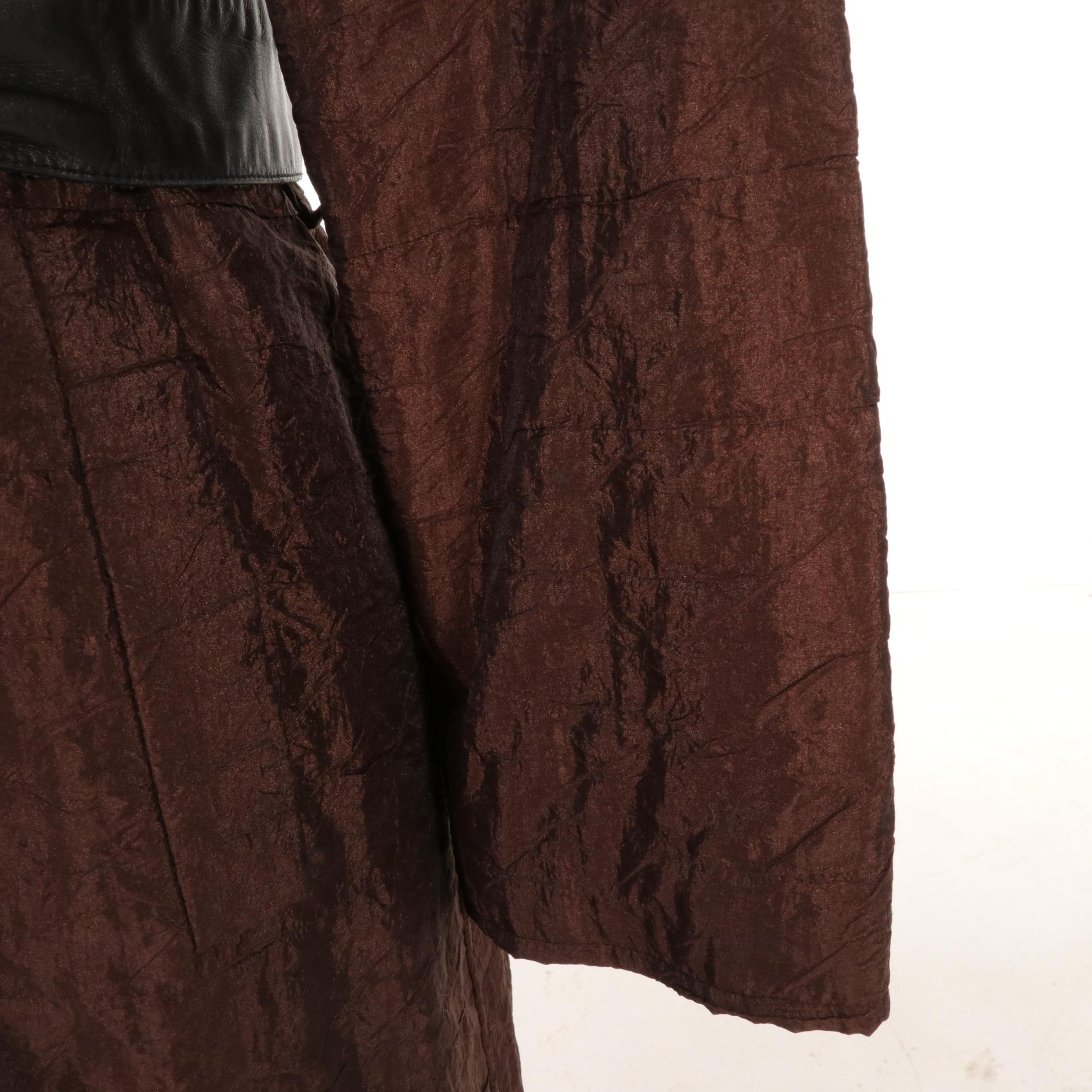 Fur-Lined Chocolate Taffeta Coat With Mink Collar, Leather Accent Closure & Belt