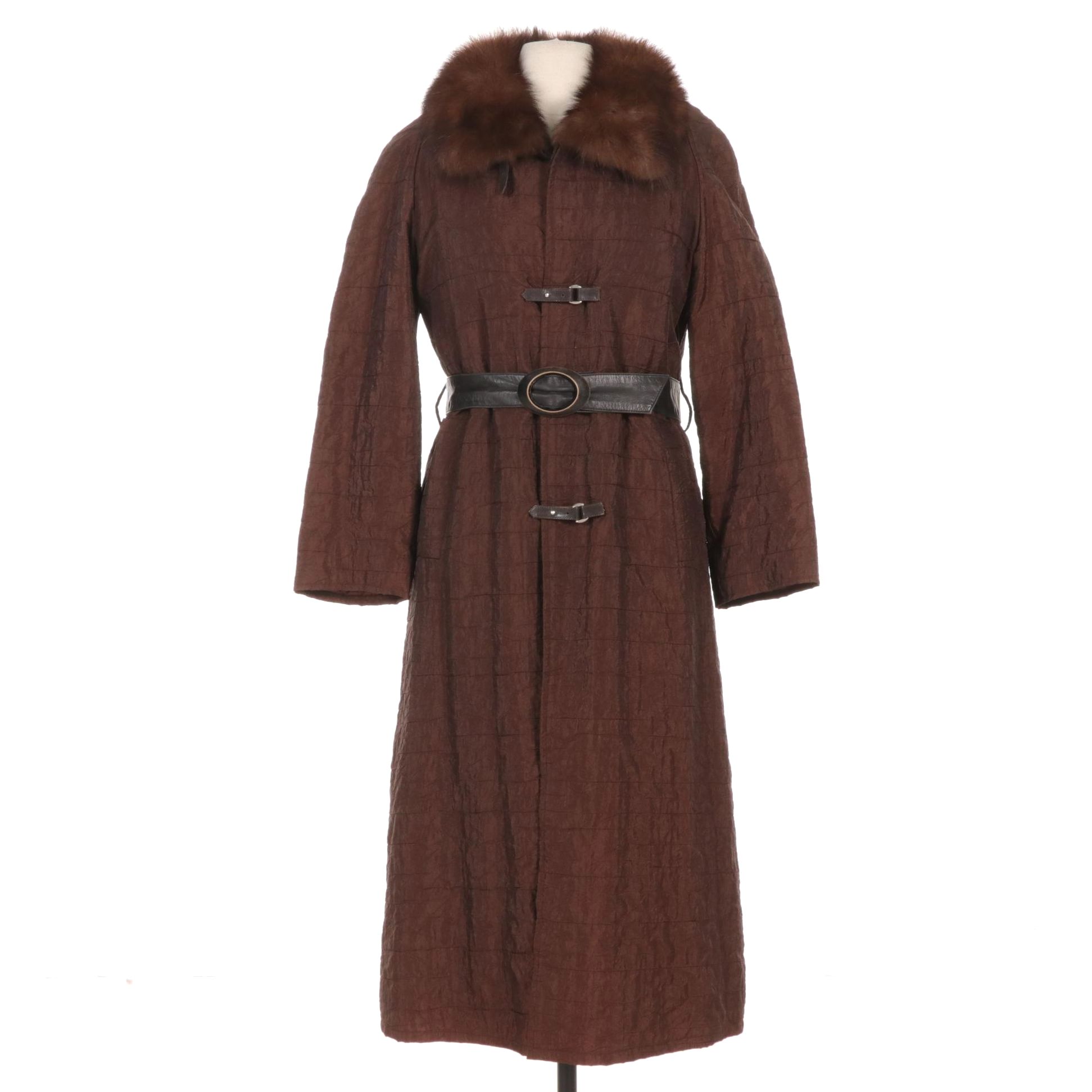 Fur-Lined Chocolate Taffeta Coat With Mink Collar, Leather Accent Closure & Belt
