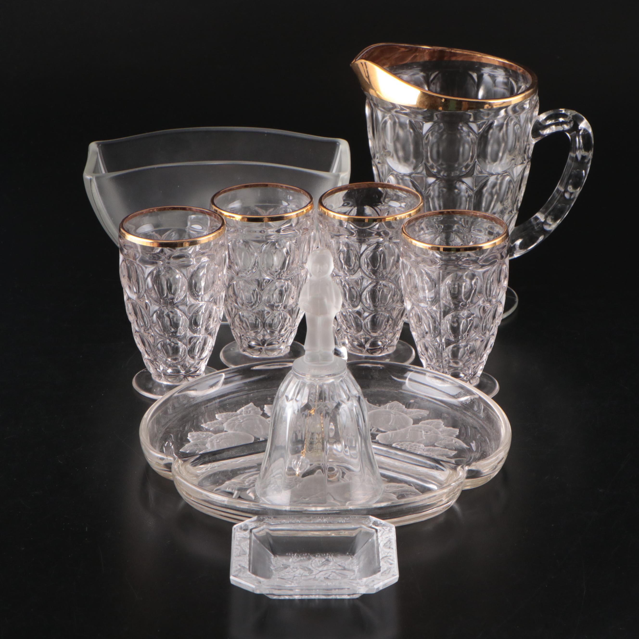 Jeannette Glass Co. "Thumbprint" Pitcher & Glasses with Other Table Accessories