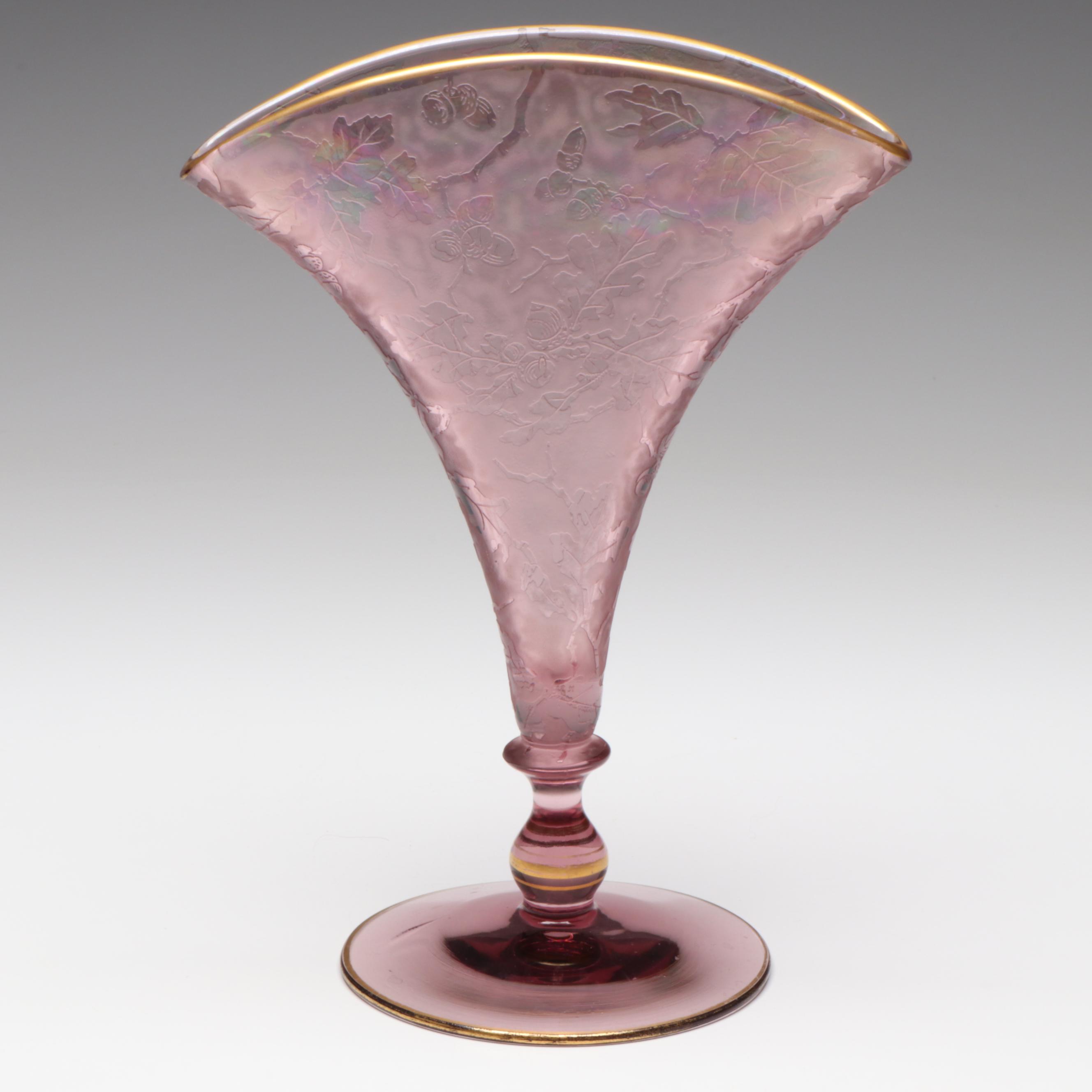 Fostoria "Oakwood" Orchid Purple Iridescent Glass Fan Vase, 1928–1929