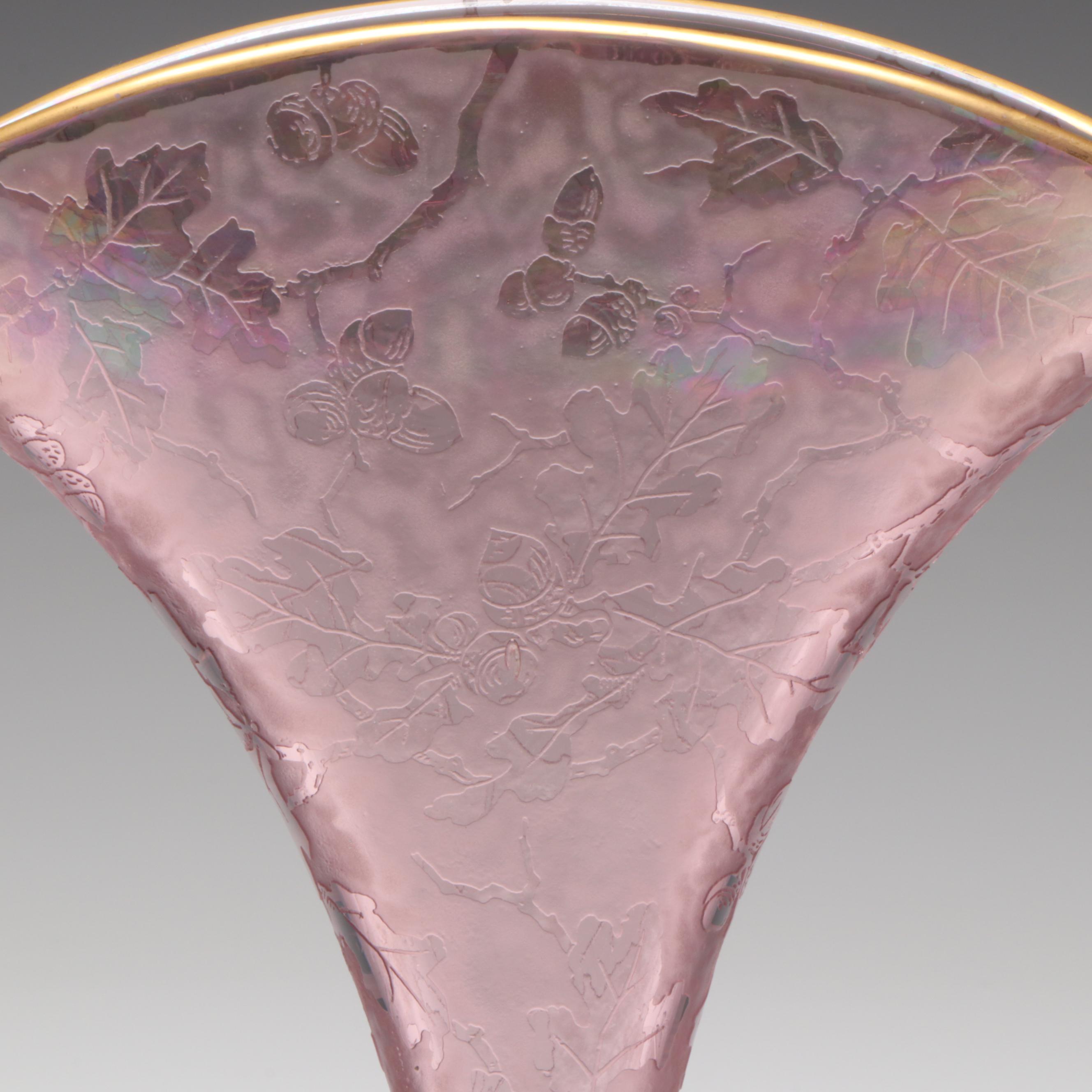 Fostoria "Oakwood" Orchid Purple Iridescent Glass Fan Vase, 1928–1929