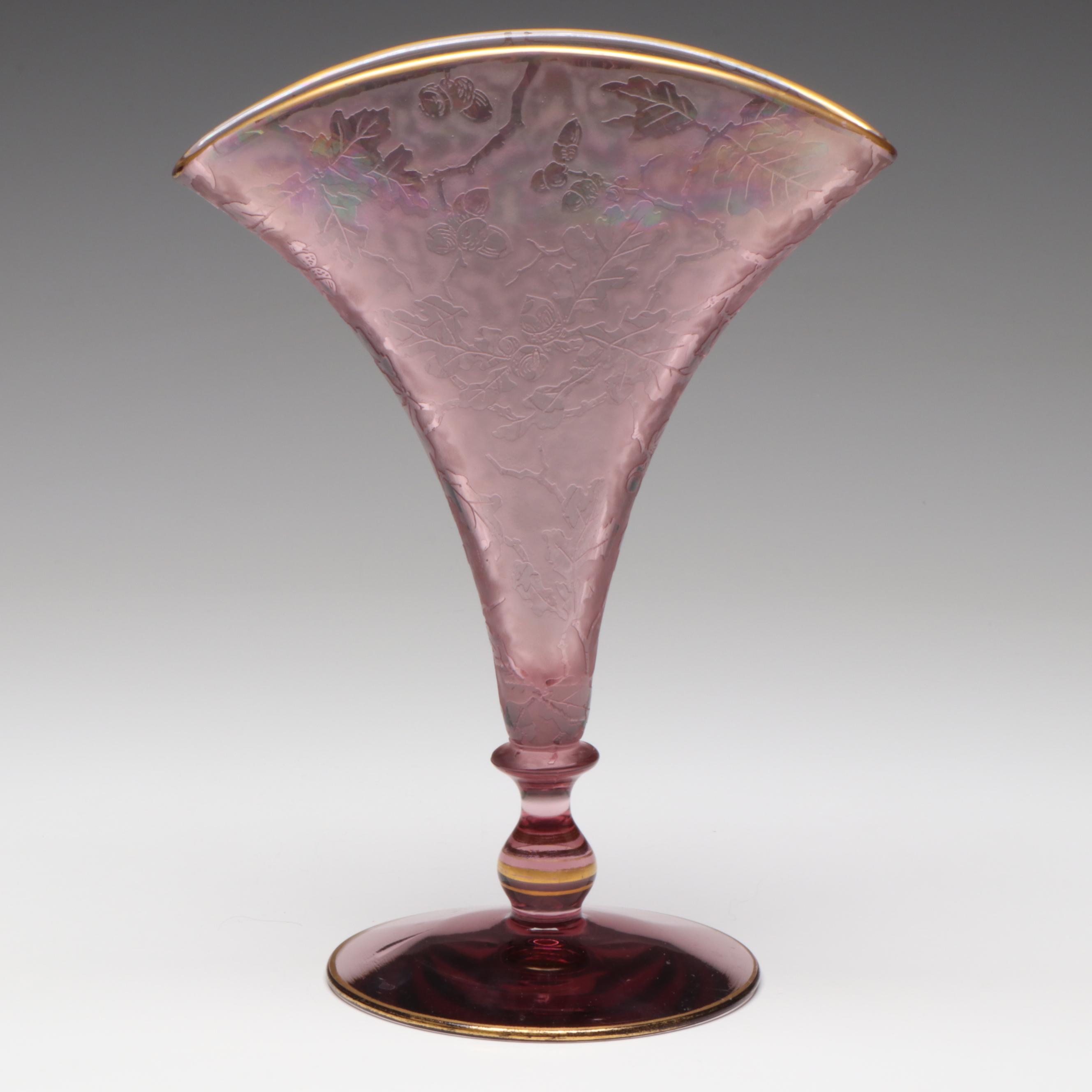 Fostoria "Oakwood" Orchid Purple Iridescent Glass Fan Vase, 1928–1929